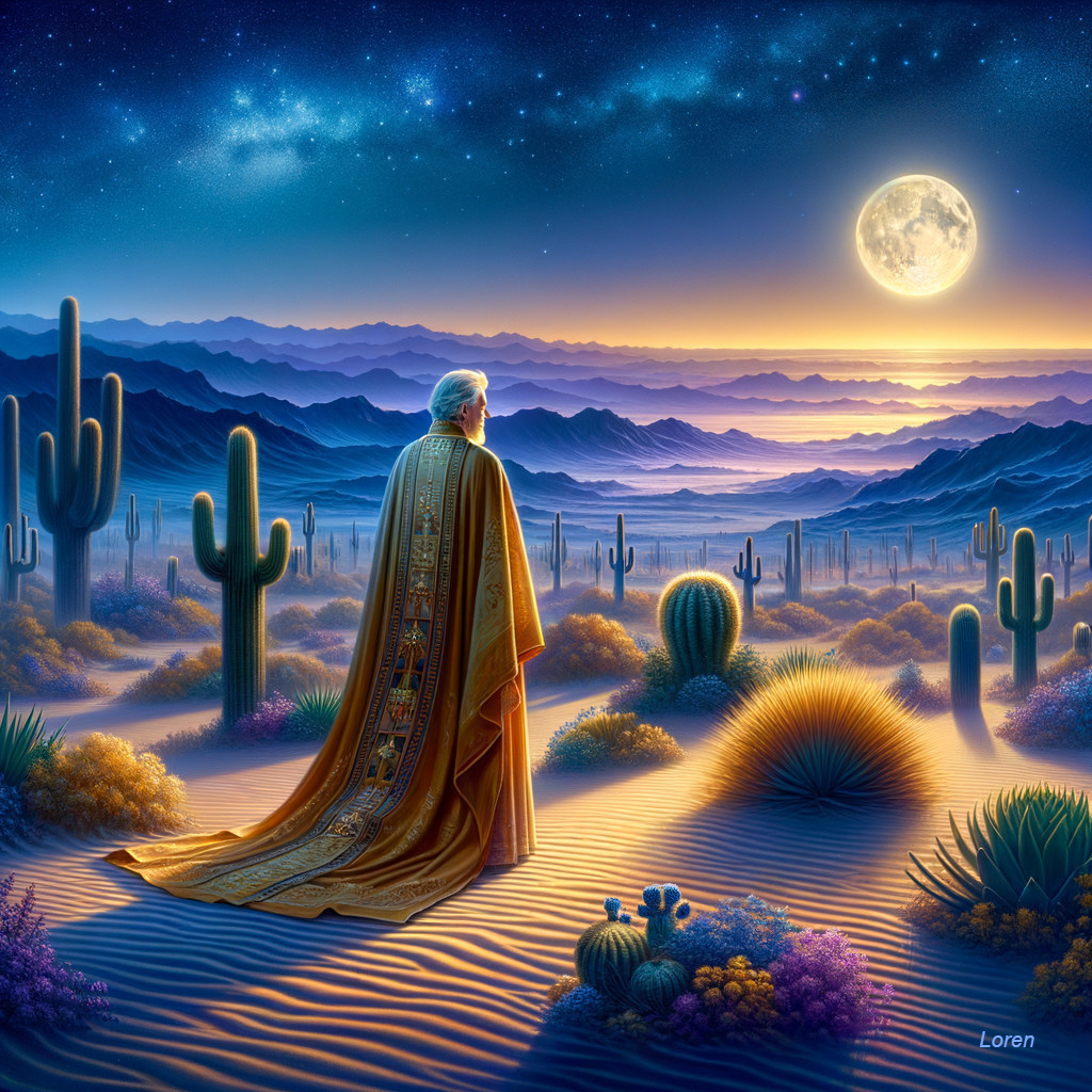 Solitary Figure in Vibrant Desert Landscape at Night