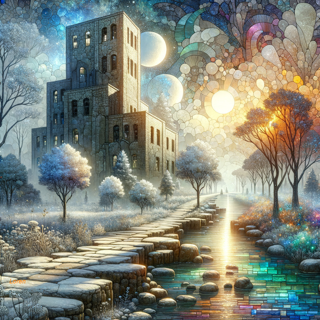 Surreal Landscape with Majestic Stone Building and Moons