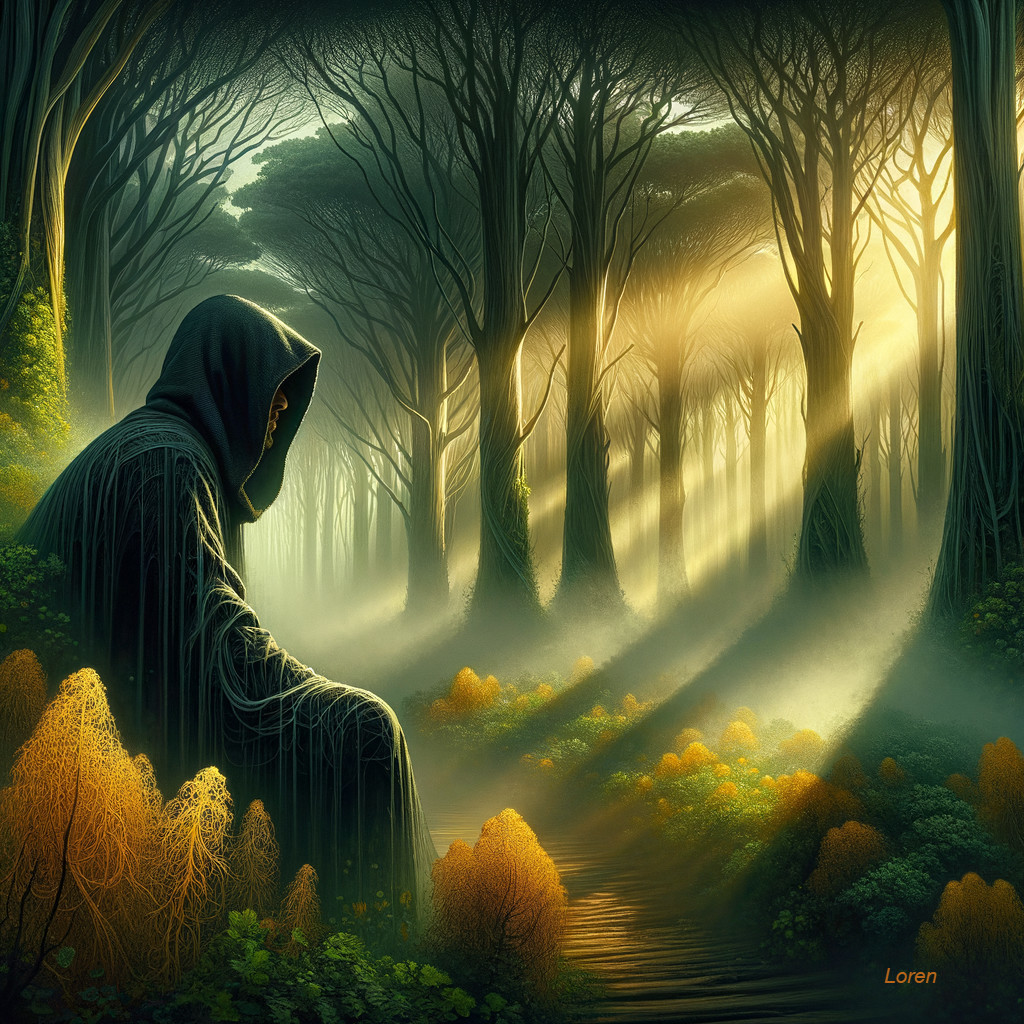 Cloaked Figure in Mystical Forest with Golden Light