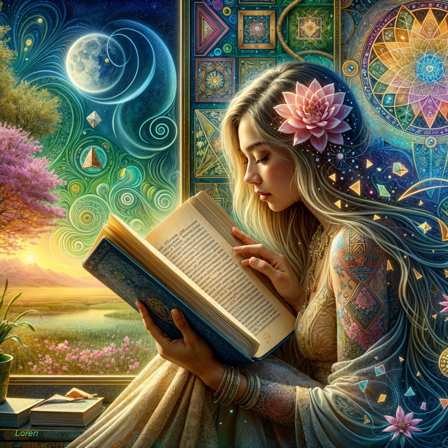 Young Woman Reading in a Colorful, Tranquil Room