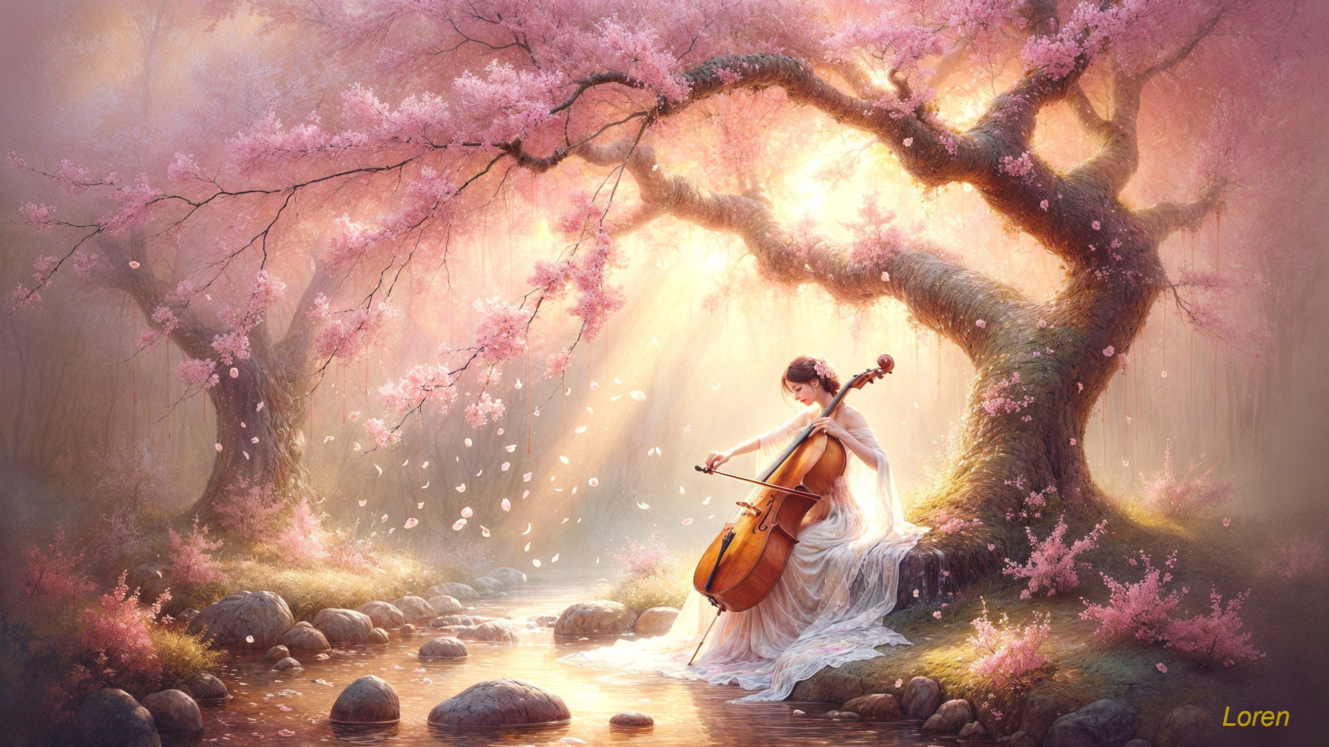 Woman in White Dress Playing Cello by Stream with Blossoms
