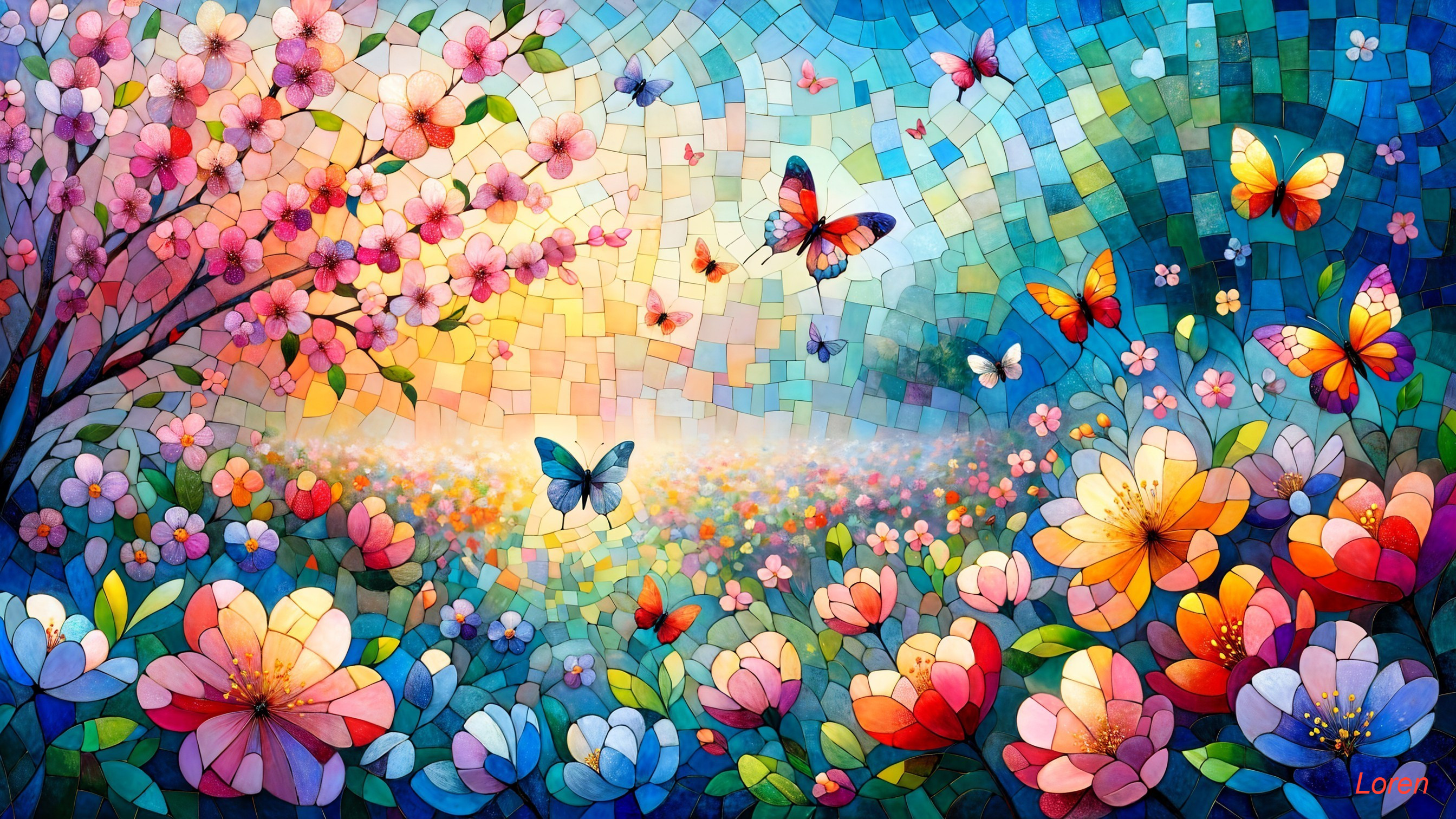Vibrant Mosaic of Flowers and Butterflies at Sunrise