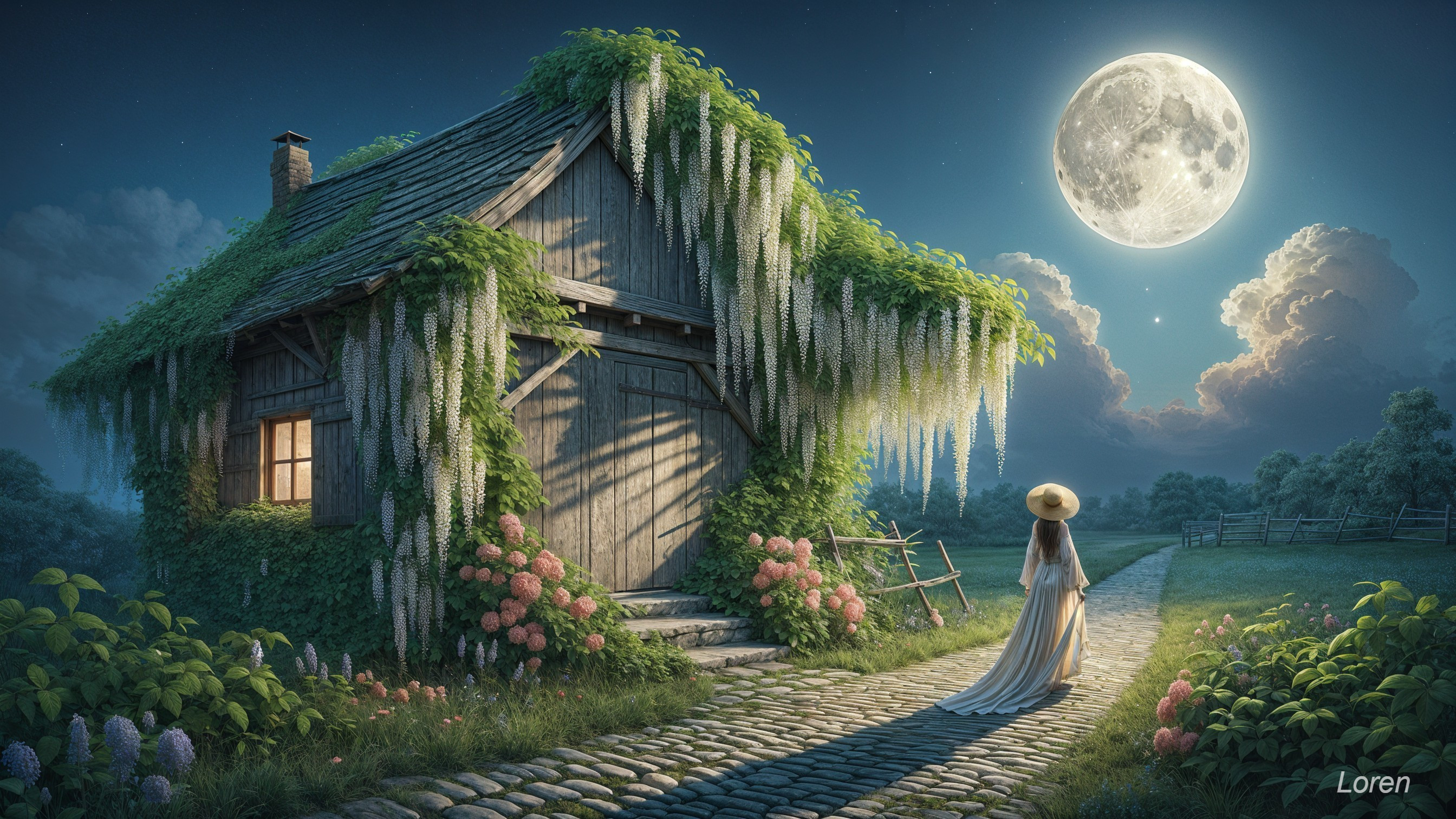 Ivy-Covered Cottage Under Full Moon at Night