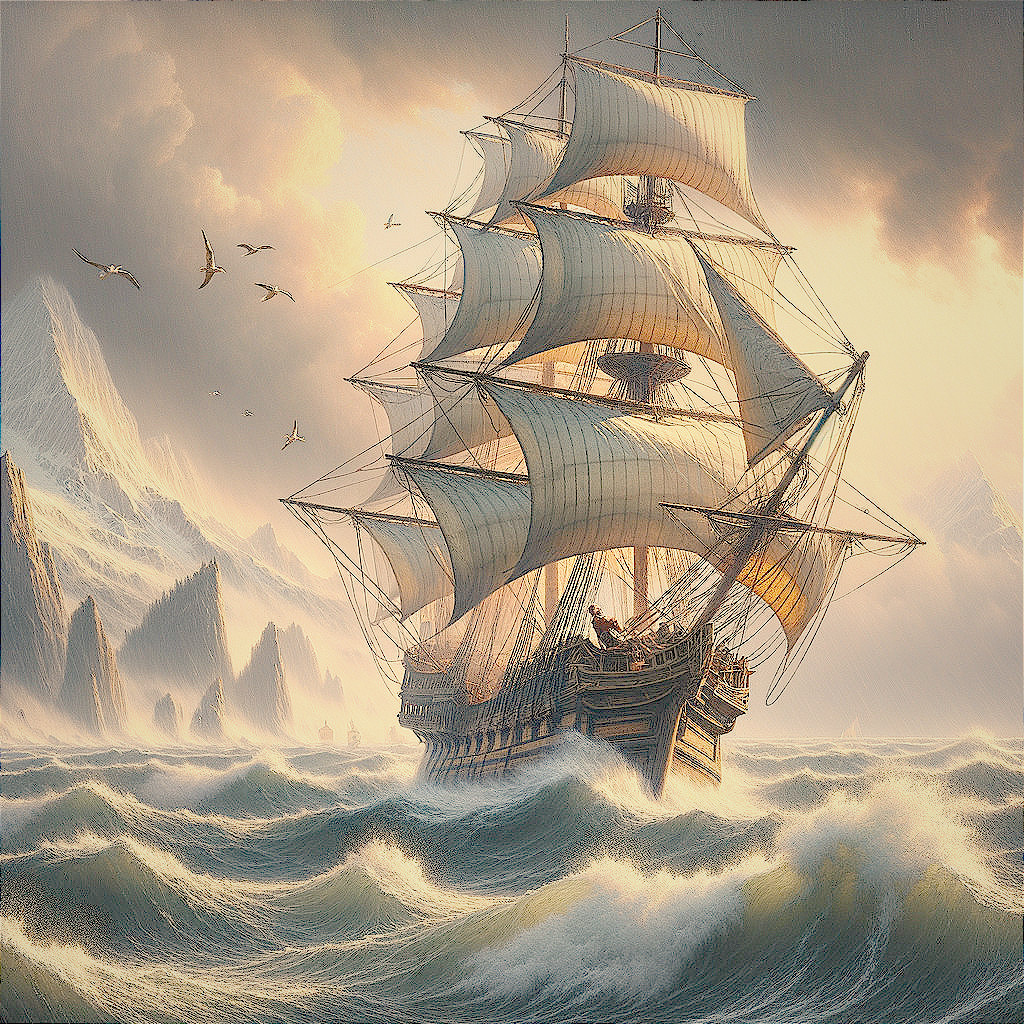 Majestic Sailing Ship Amidst Turbulent Waves and Cliffs