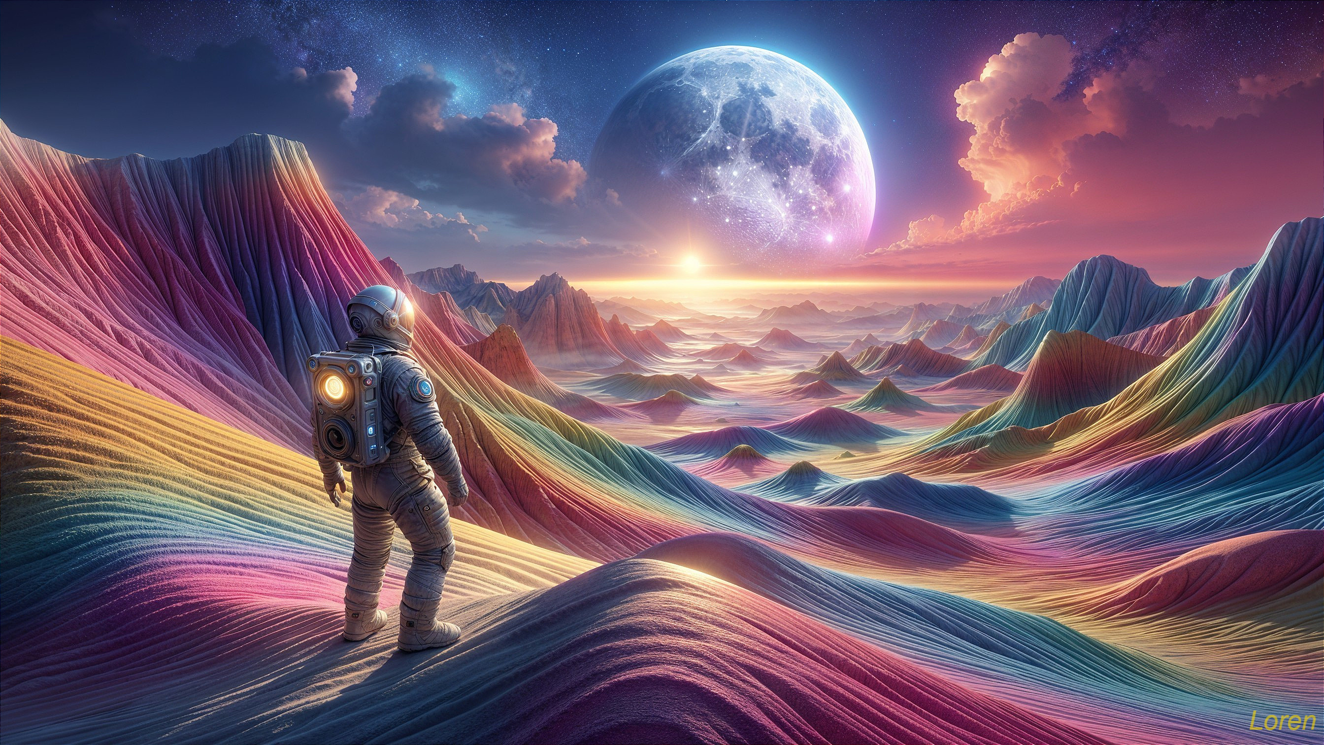 Astronaut on Colorful Hills Under Glowing Moonlight