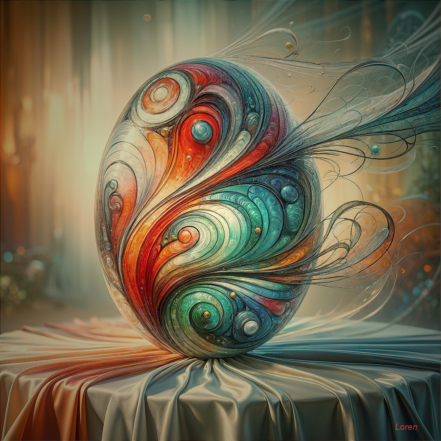Intricate Vibrant Egg Design on Draped Fabric