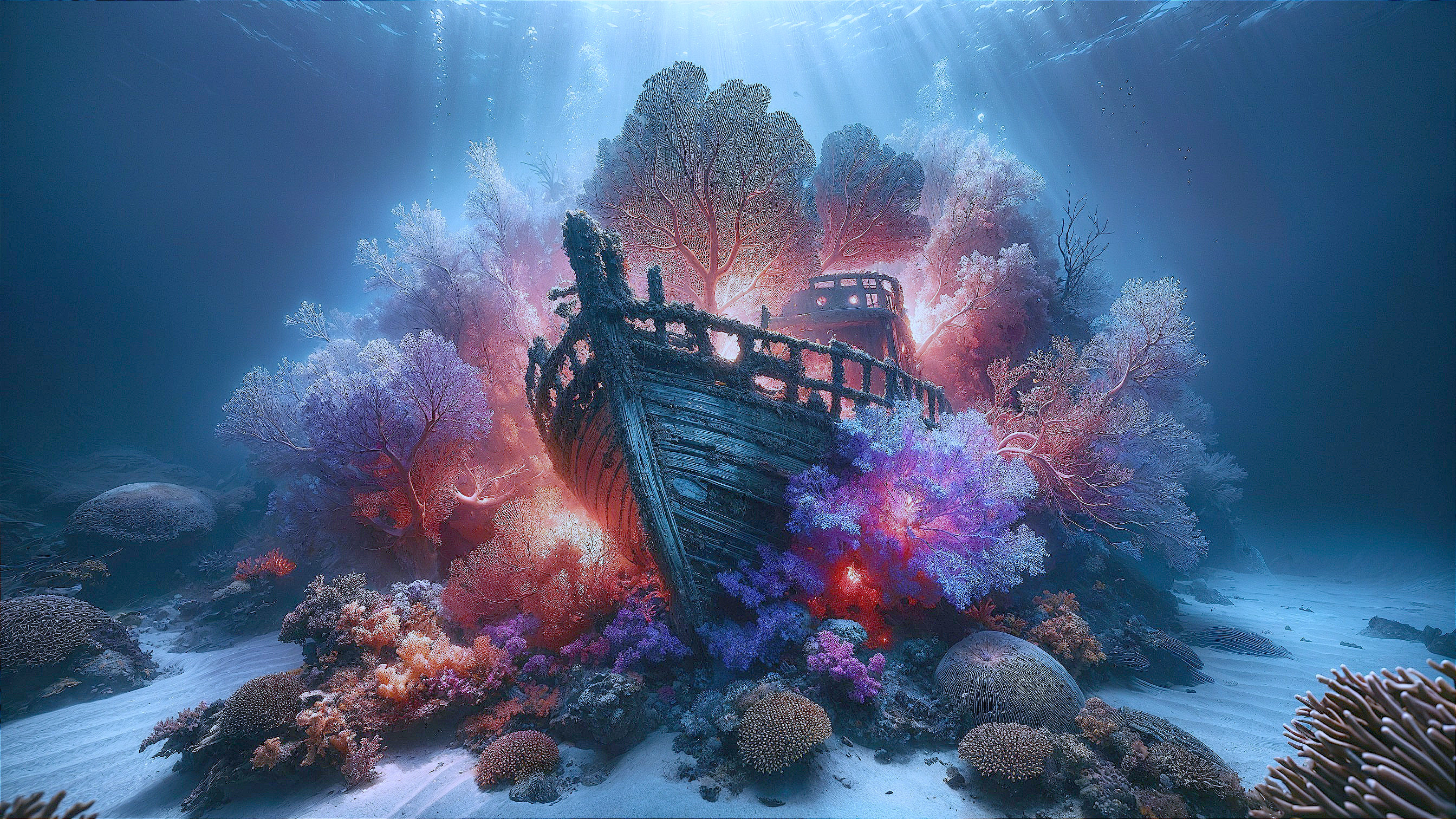 Majestic Shipwreck Surrounded by Vibrant Coral Reef