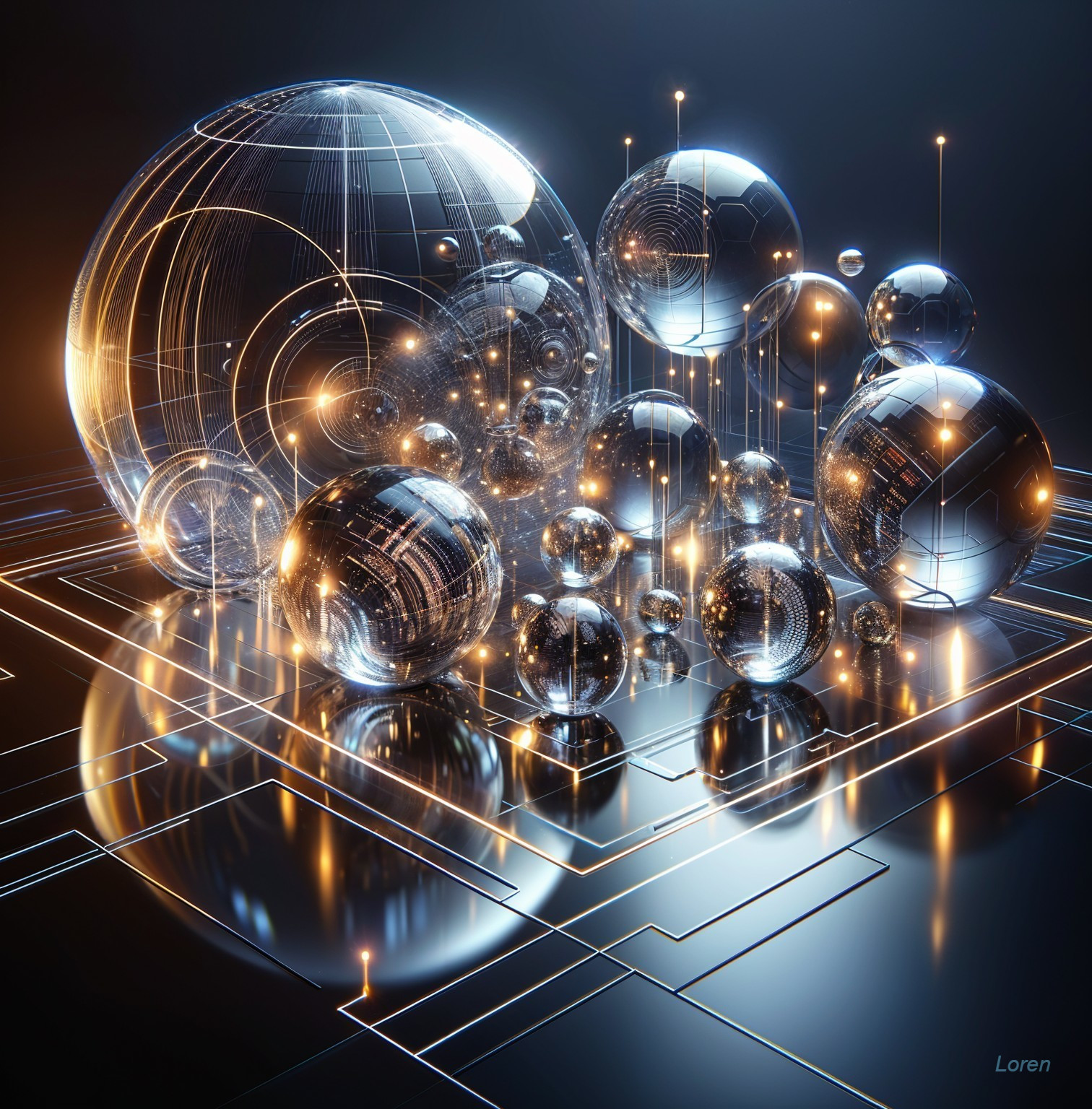 Futuristic Scene with Transparent Spheres and Glow