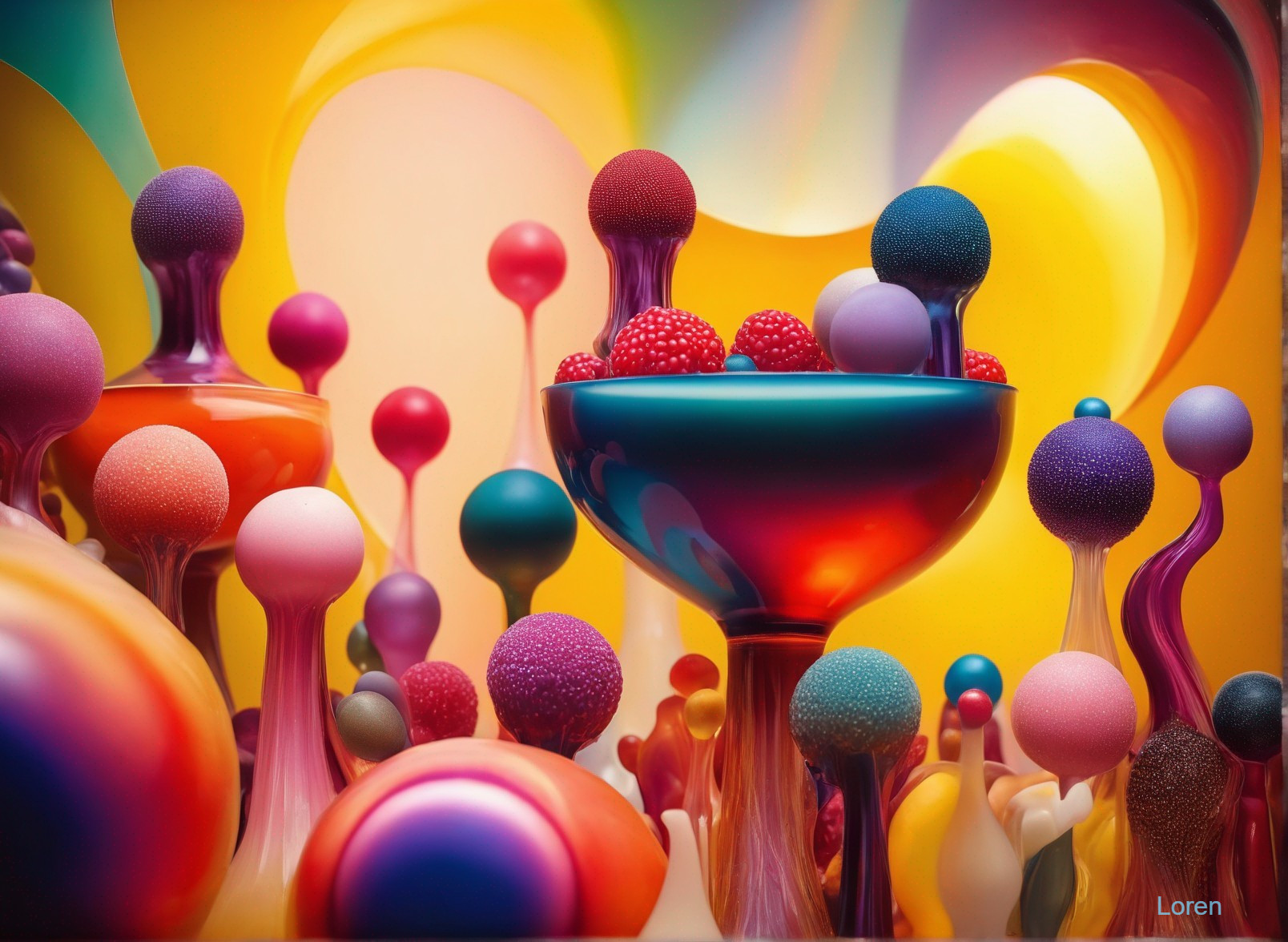 Colorful surreal landscape with alien-like shapes and gleaming bowl structure