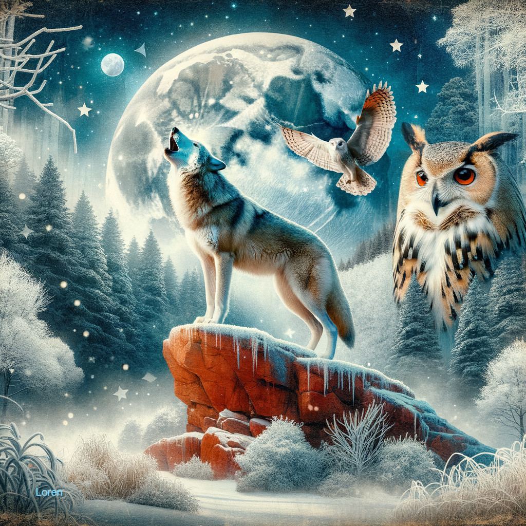 Majestic wolf and owl in a winter wilderness scene