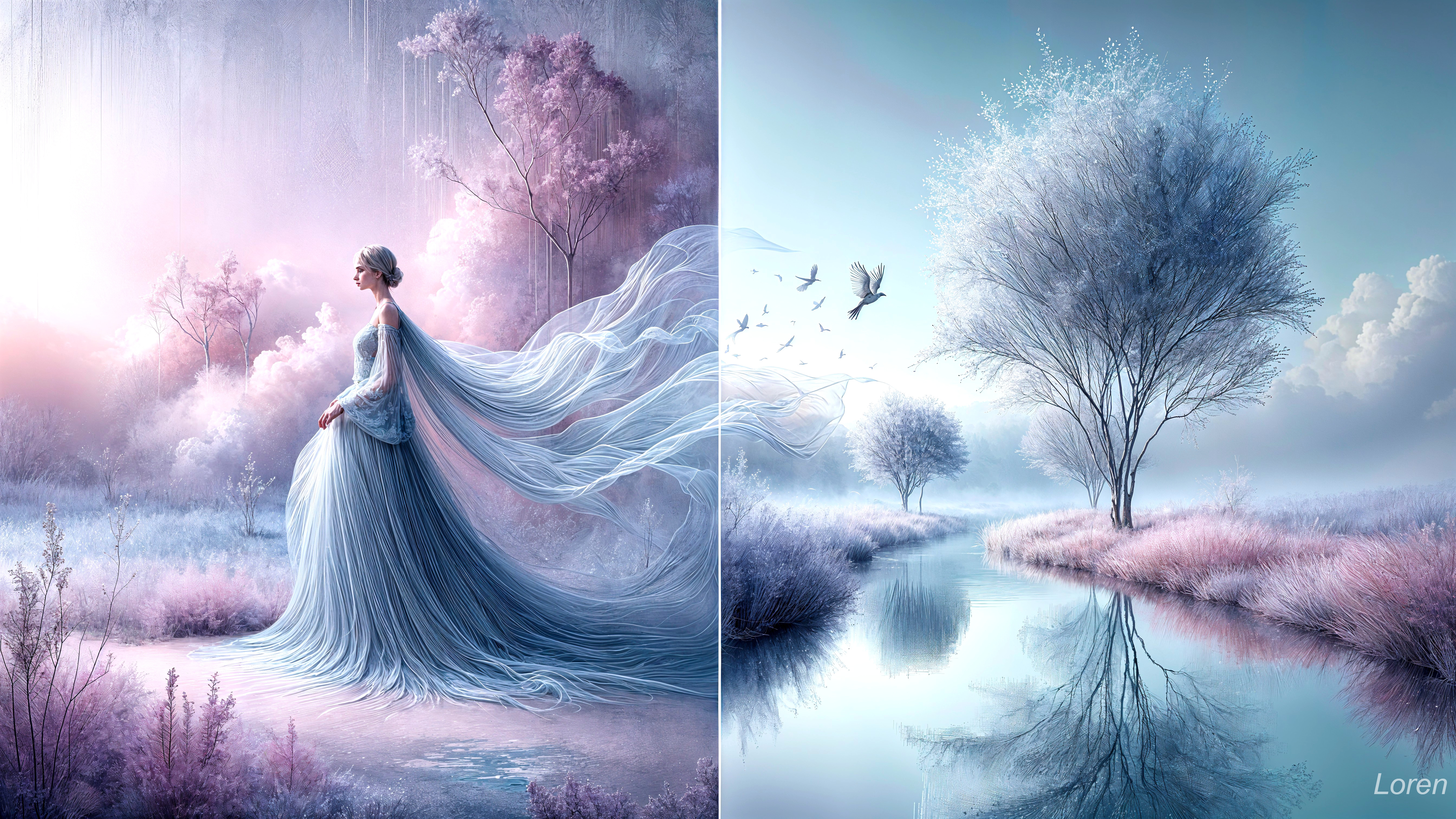 Serene Landscape with Ethereal Figure in Gown