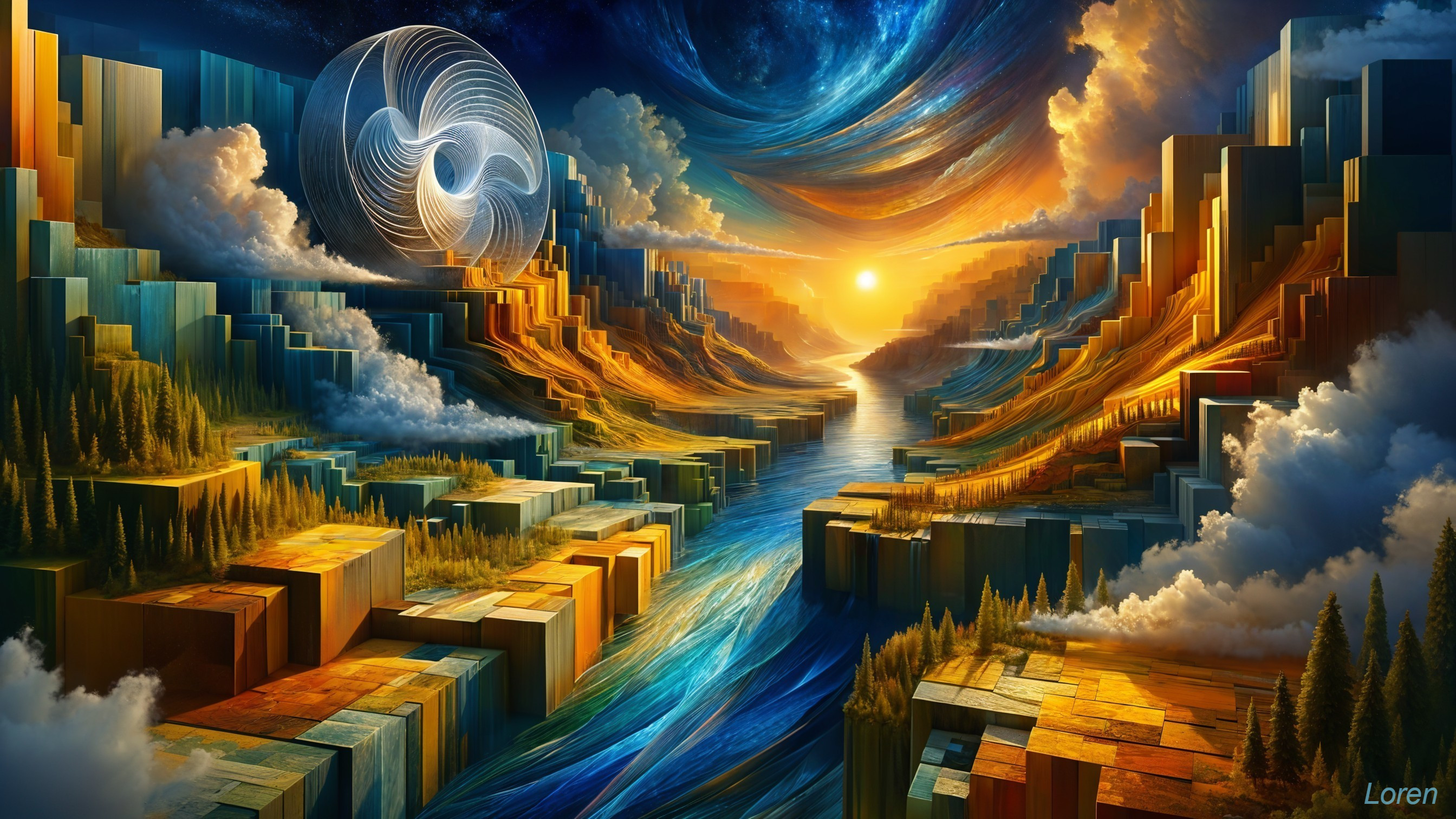 Surreal Landscape with Cascading Mountains and River