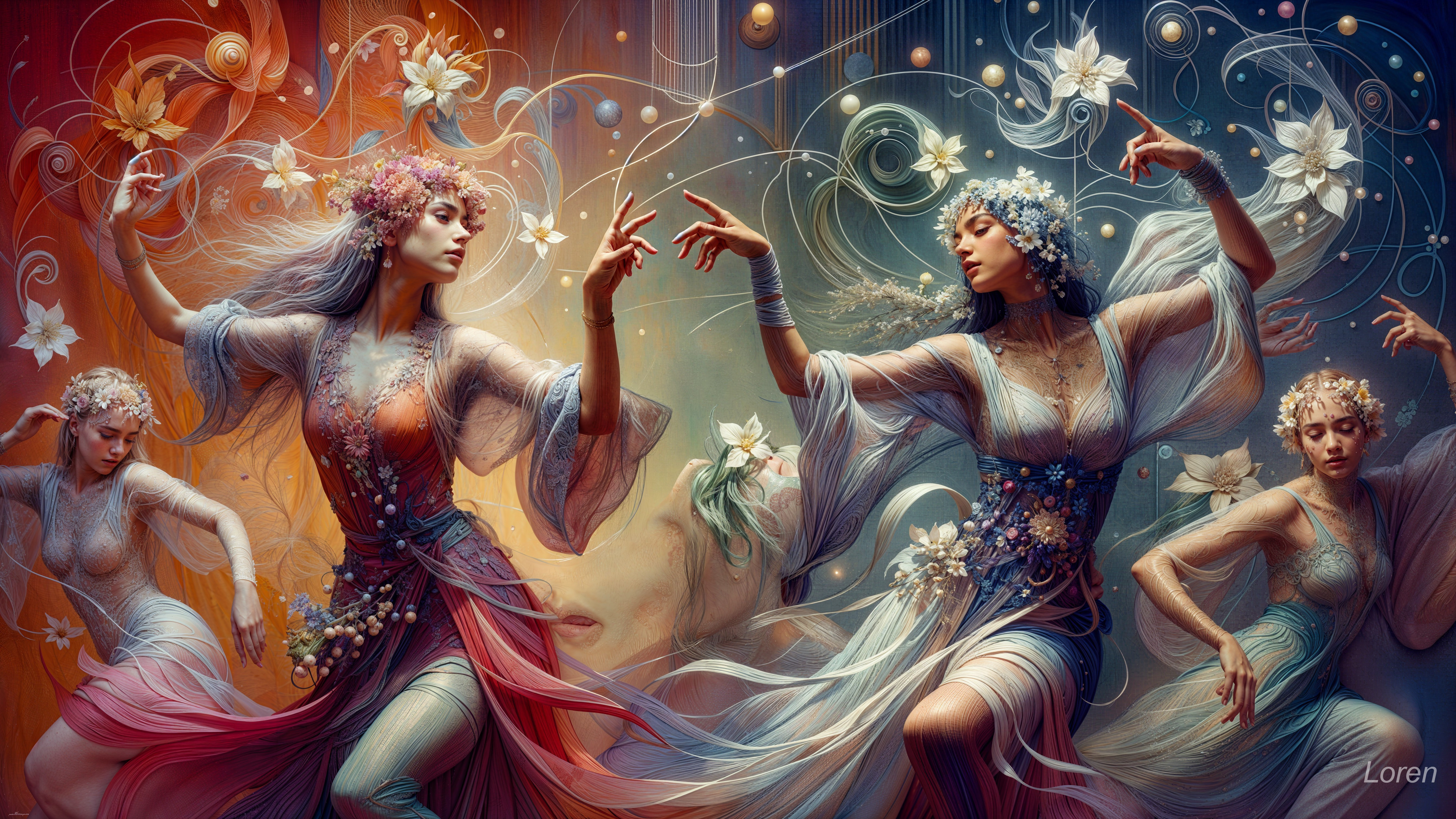 Ethereal Dancers in Vibrant Abstract Setting