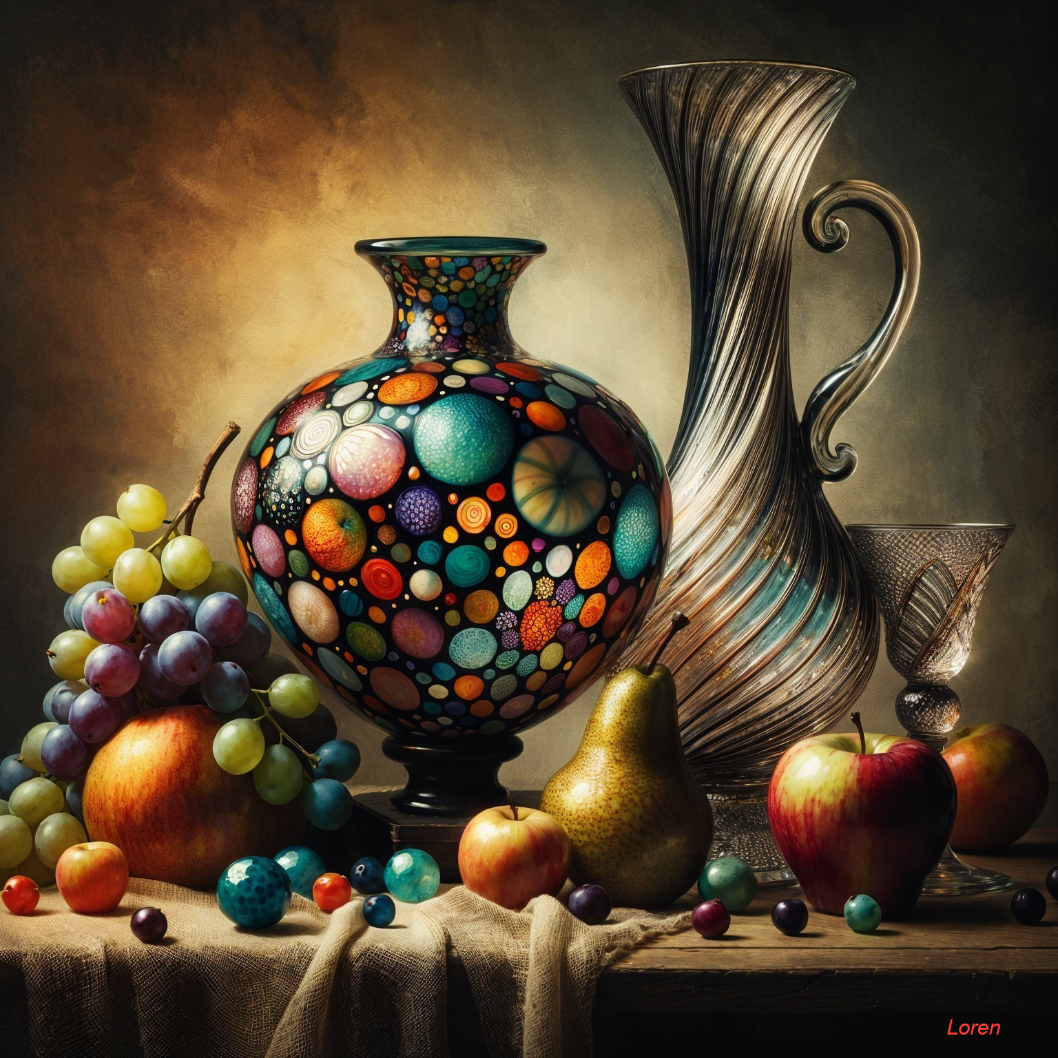 Vibrant Still Life with Polka-Dotted Vase and Fruits