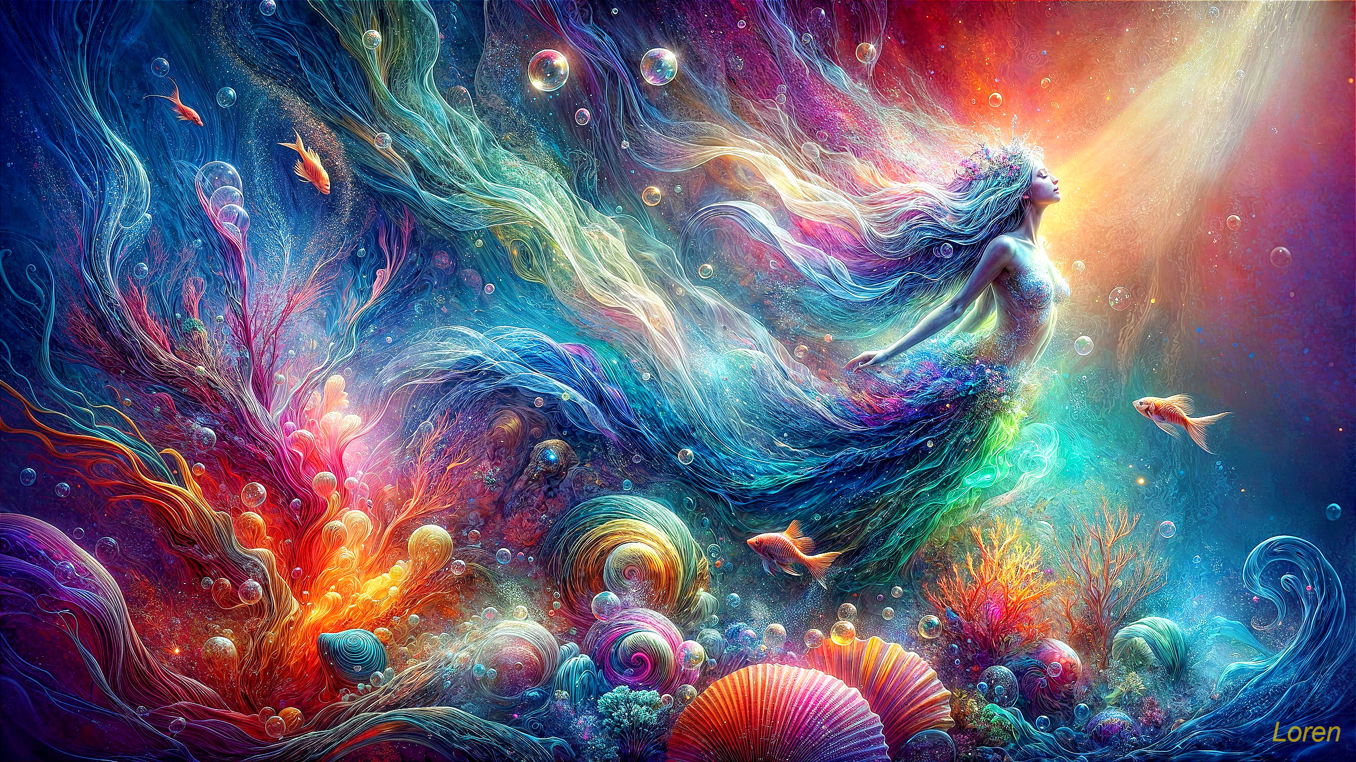 Underwater Scene with Mermaid and Colorful Corals