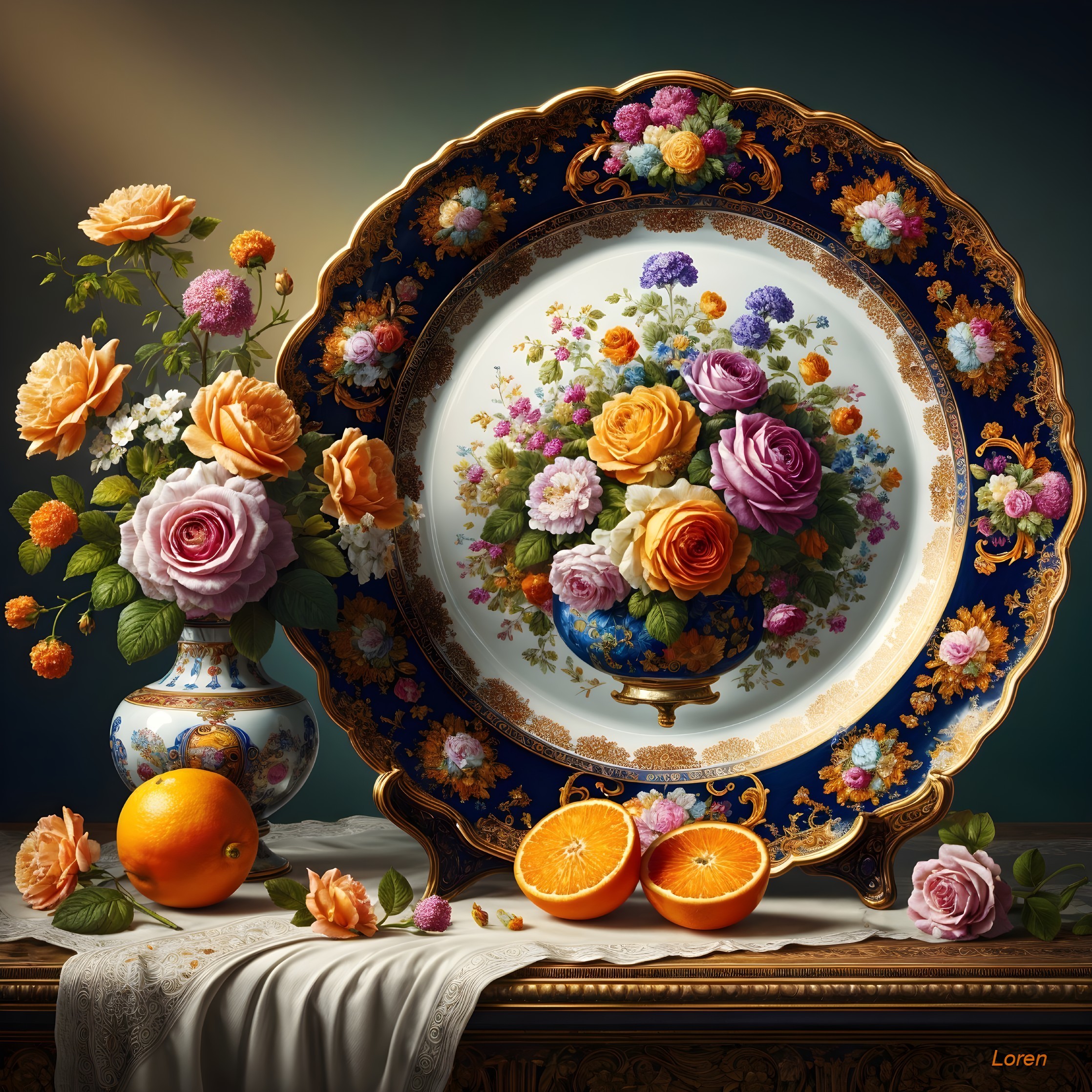 Elegant Still Life with Floral Plate and Oranges