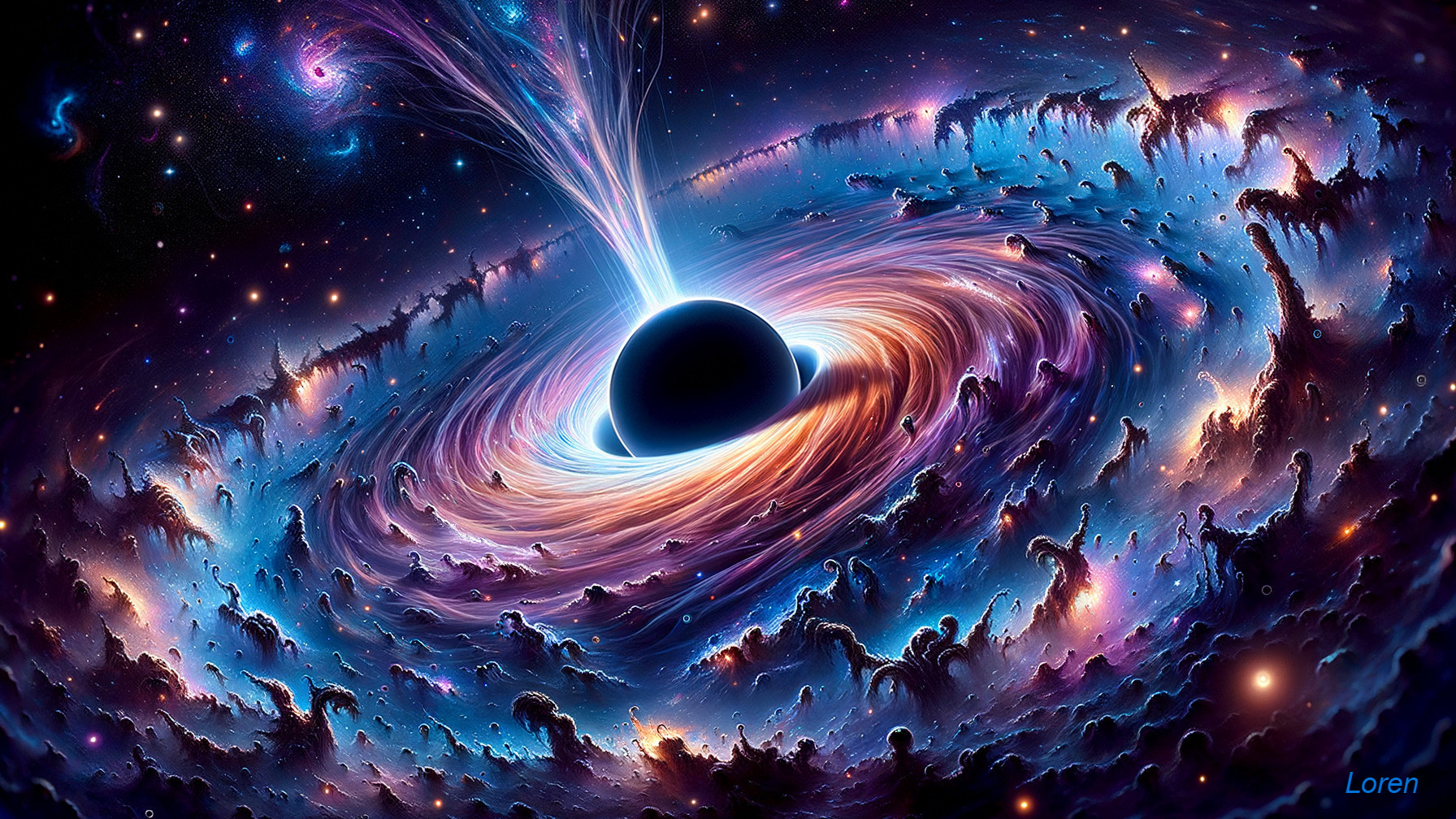 Cosmic Scene with Black Hole and Vibrant Energy Streams