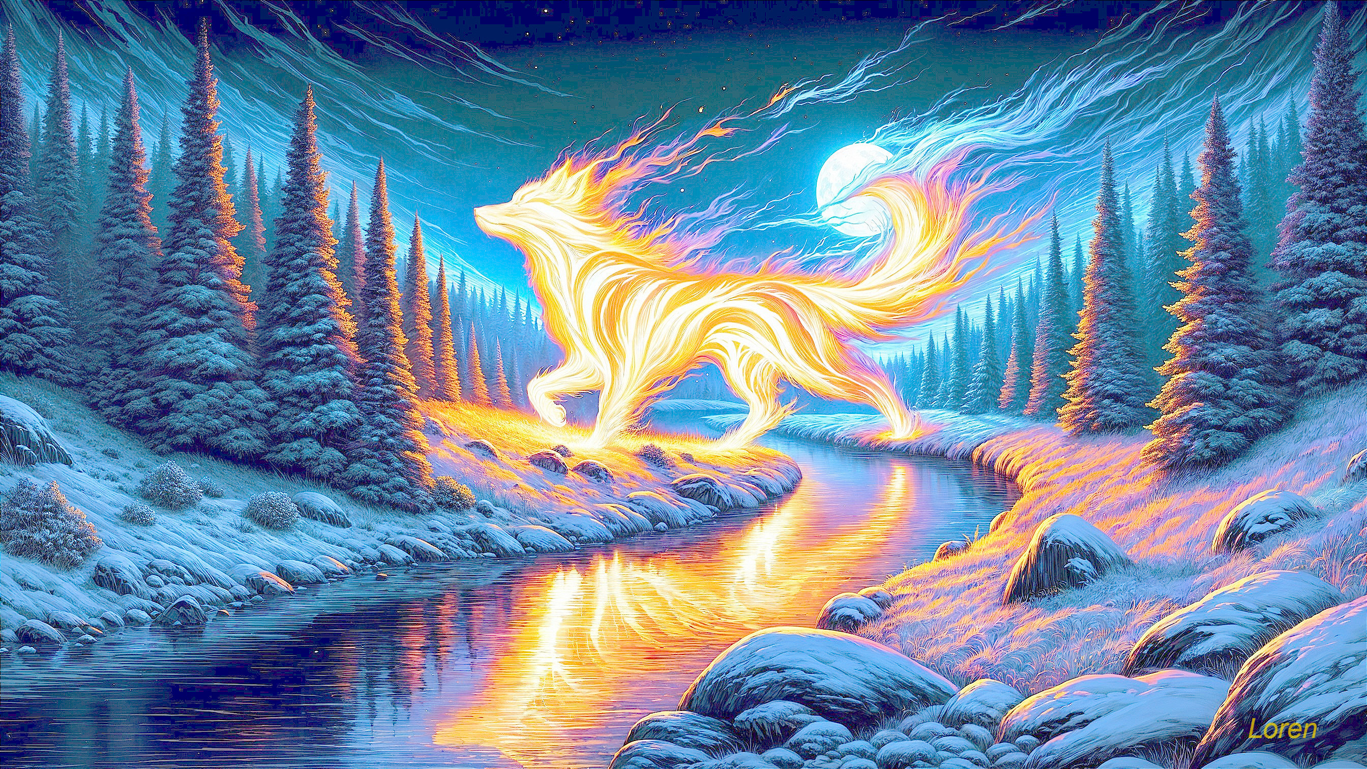 Ethereal wolf of flames beside tranquil river at night