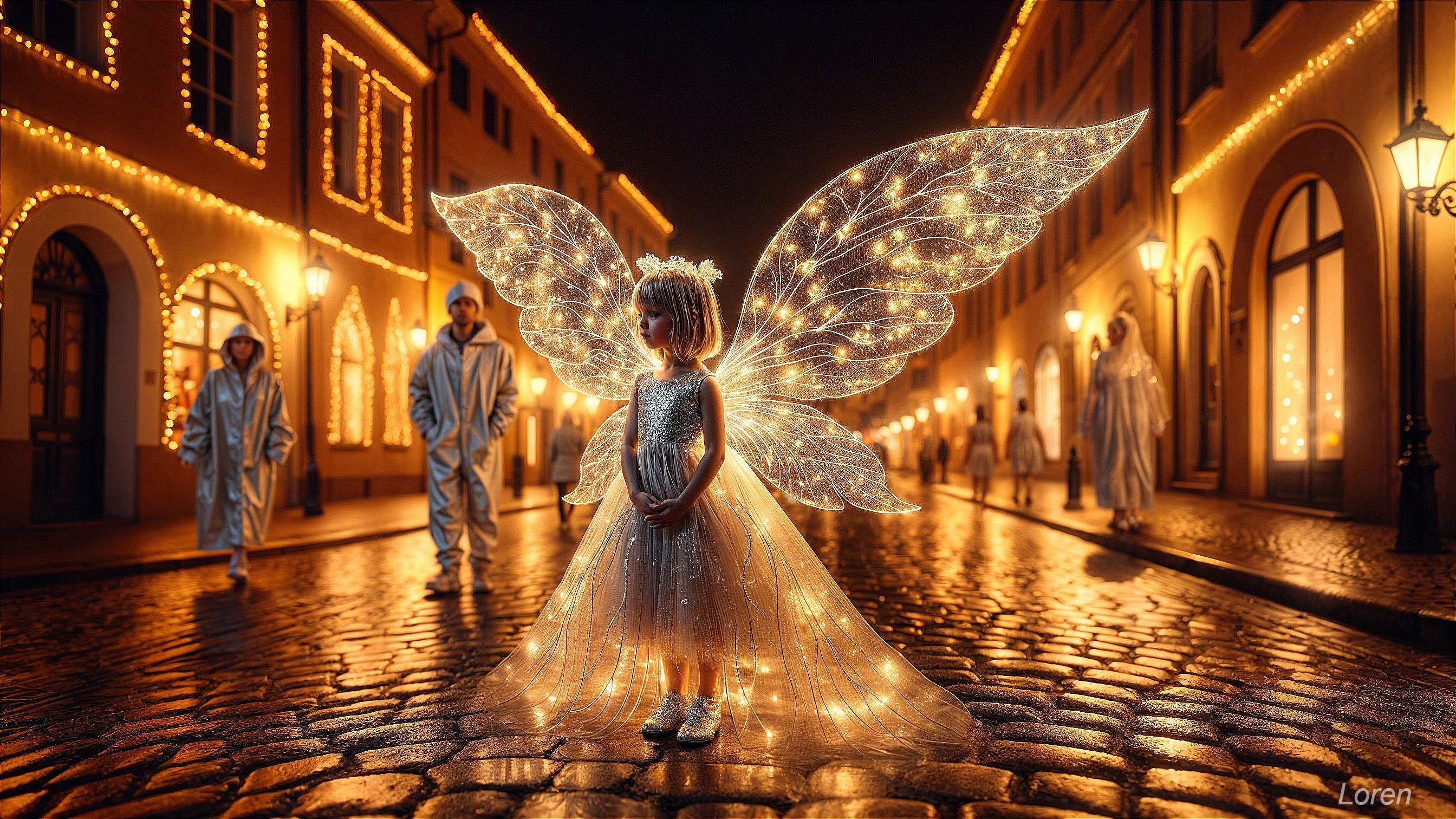 Nighttime Fairy Scene with Glowing Wings and Lights