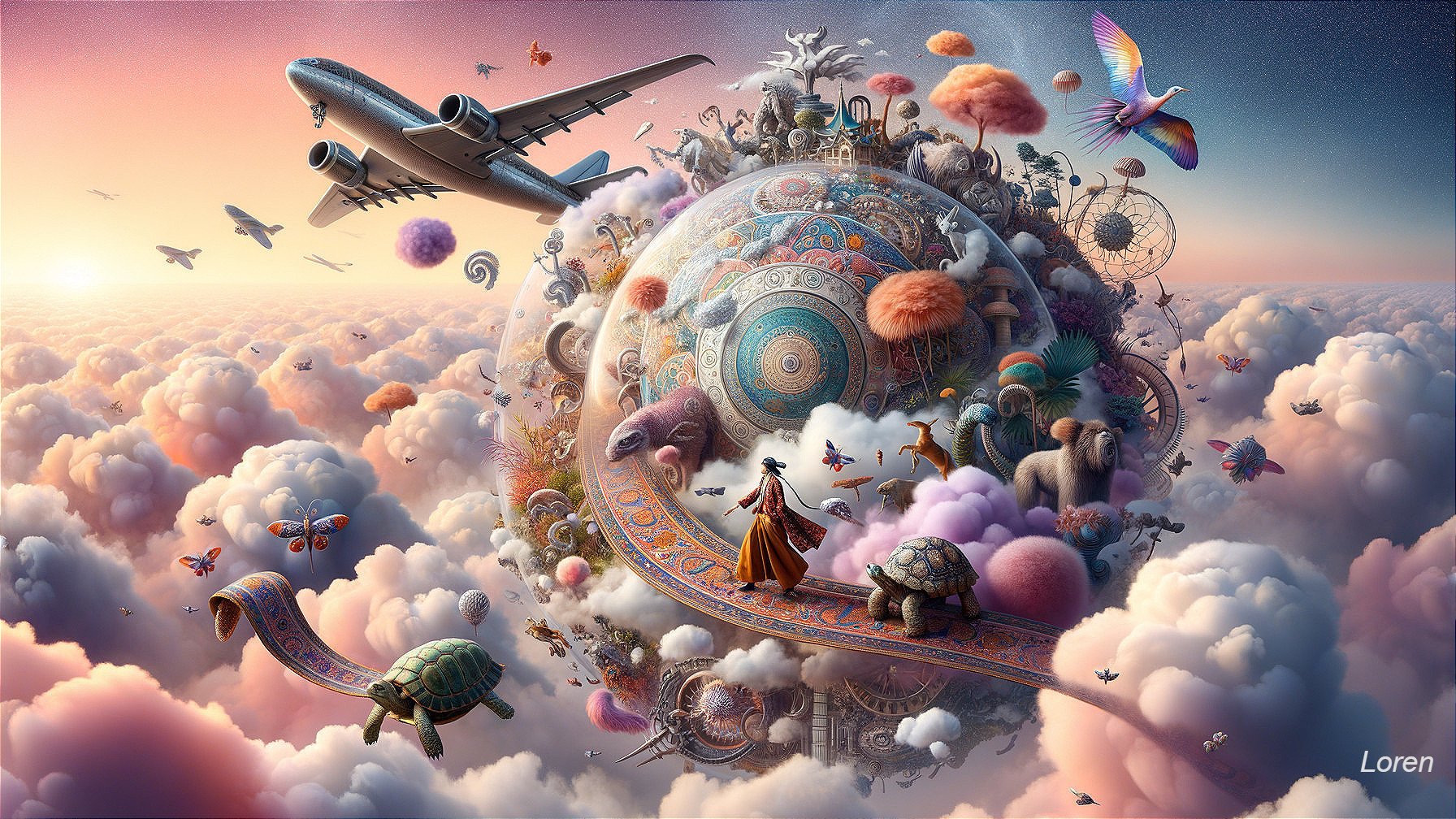 Surreal Landscape with Vibrant Globe and Colorful Animals