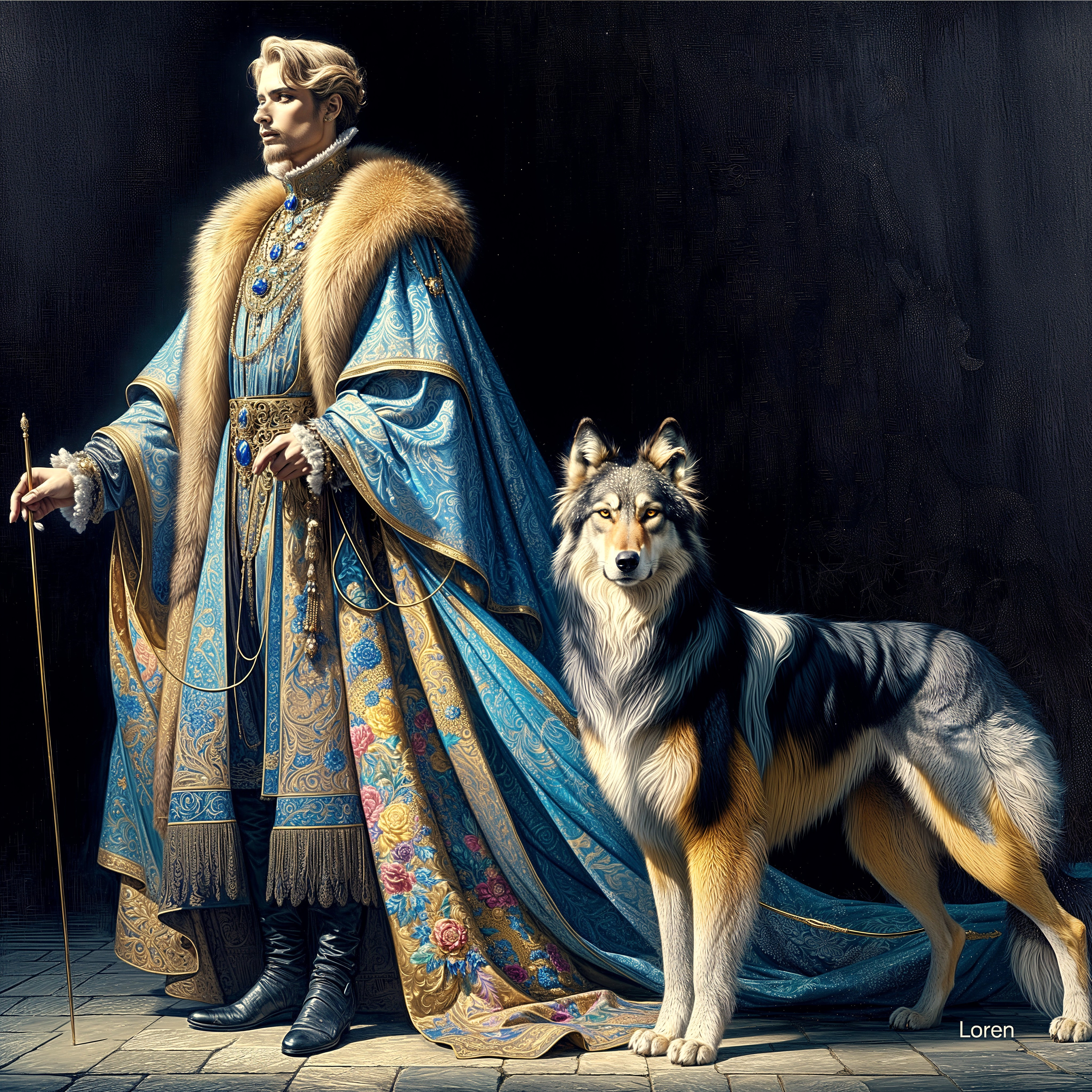 Regal Figure in Blue and Gold Gown with Majestic Wolf