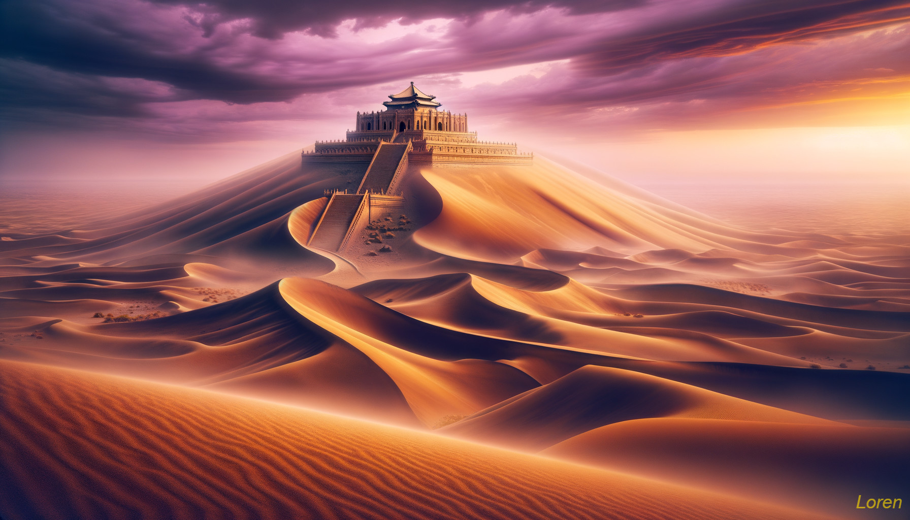 Ancient temple on a sand dune at sunset in desert