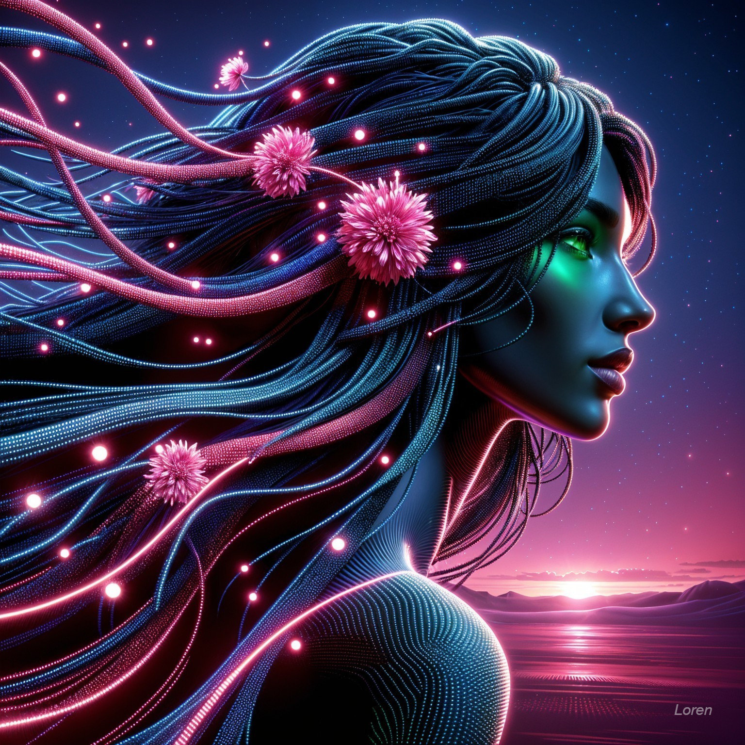 Digital portrait of a woman with glowing hair and flowers