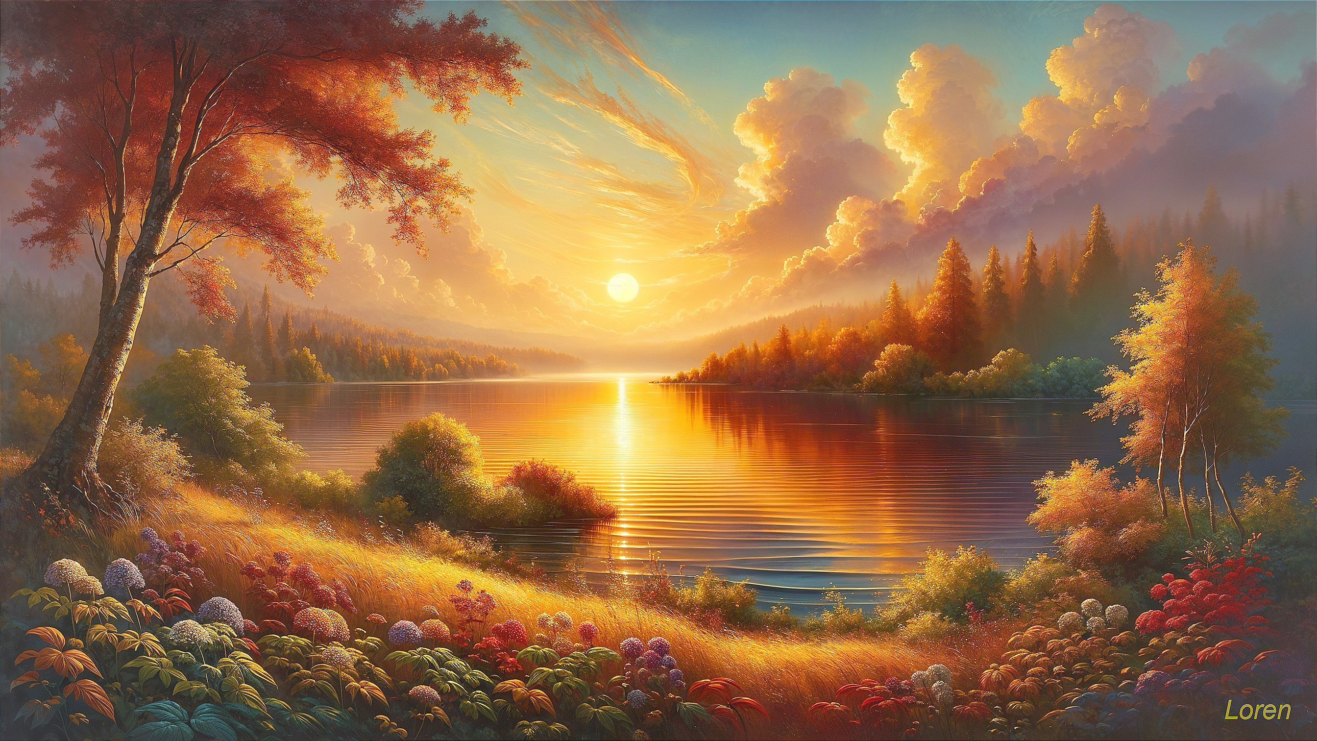Serene Sunset Landscape with Vibrant Flowers and Lake