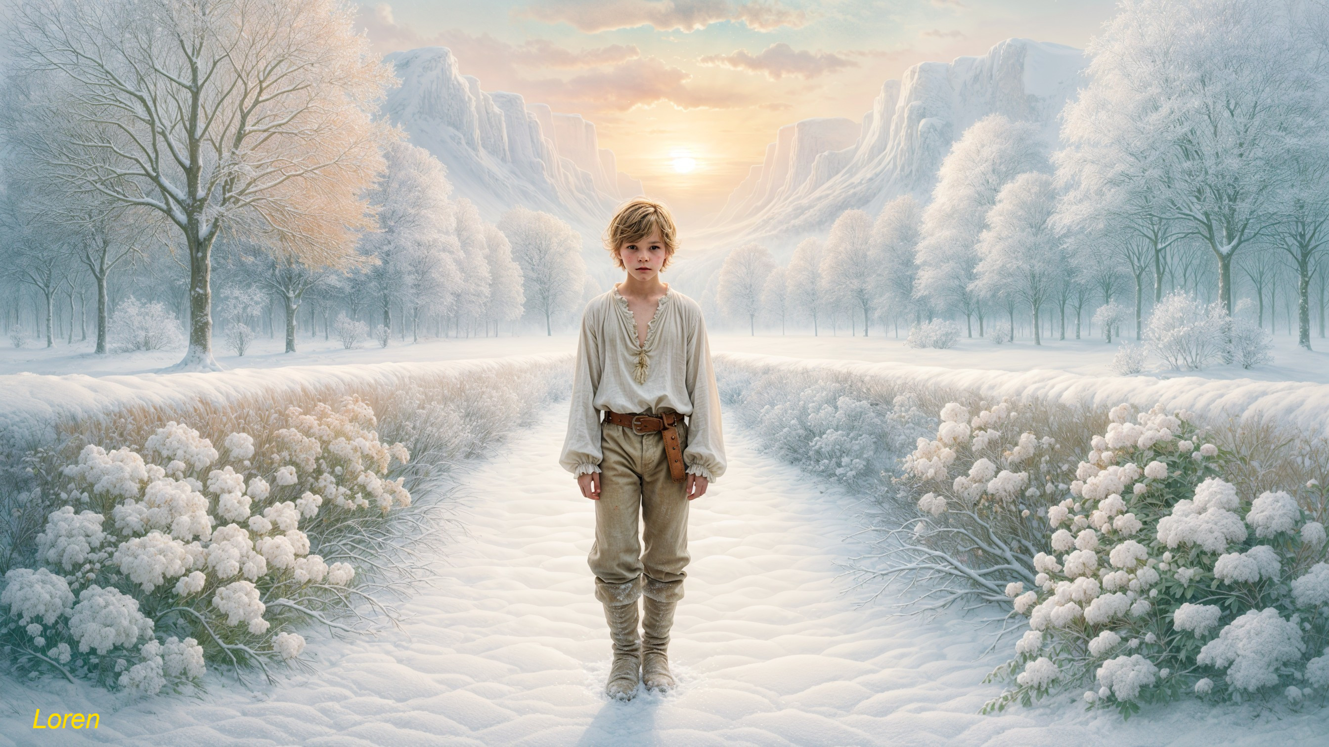 Young boy in serene snowy landscape at sunrise