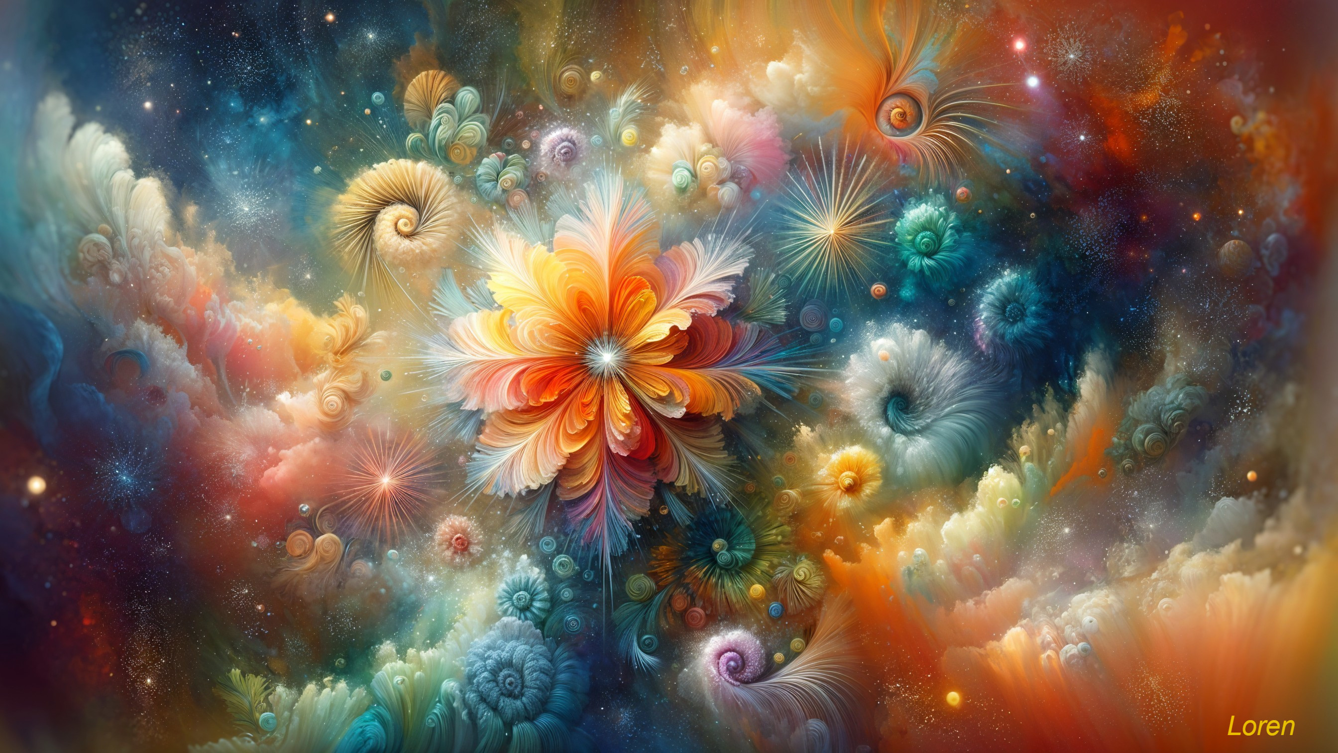 Vibrant Abstract Cosmic Scene with Floral Patterns