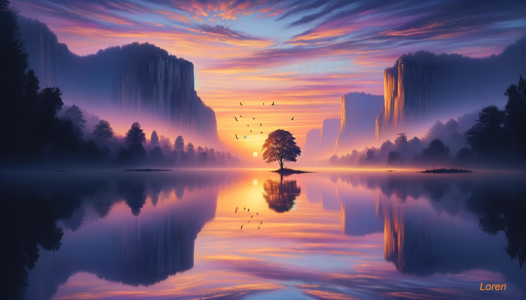 Serene Dawn Landscape with Vibrant Lake Reflection