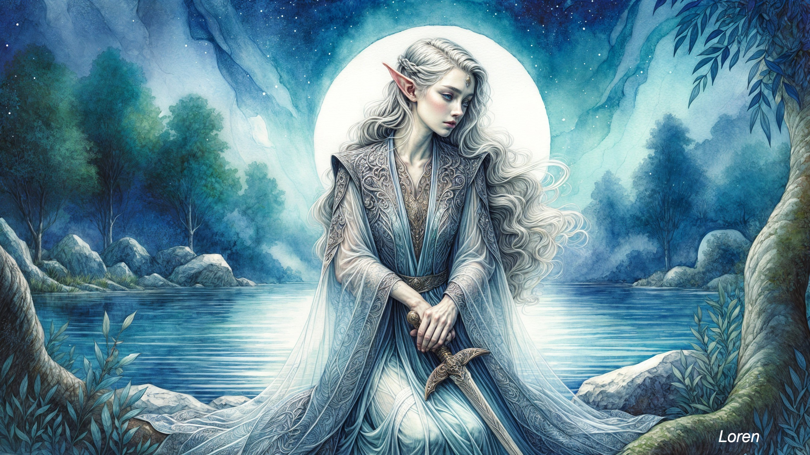 Ethereal elf by tranquil water under starry sky