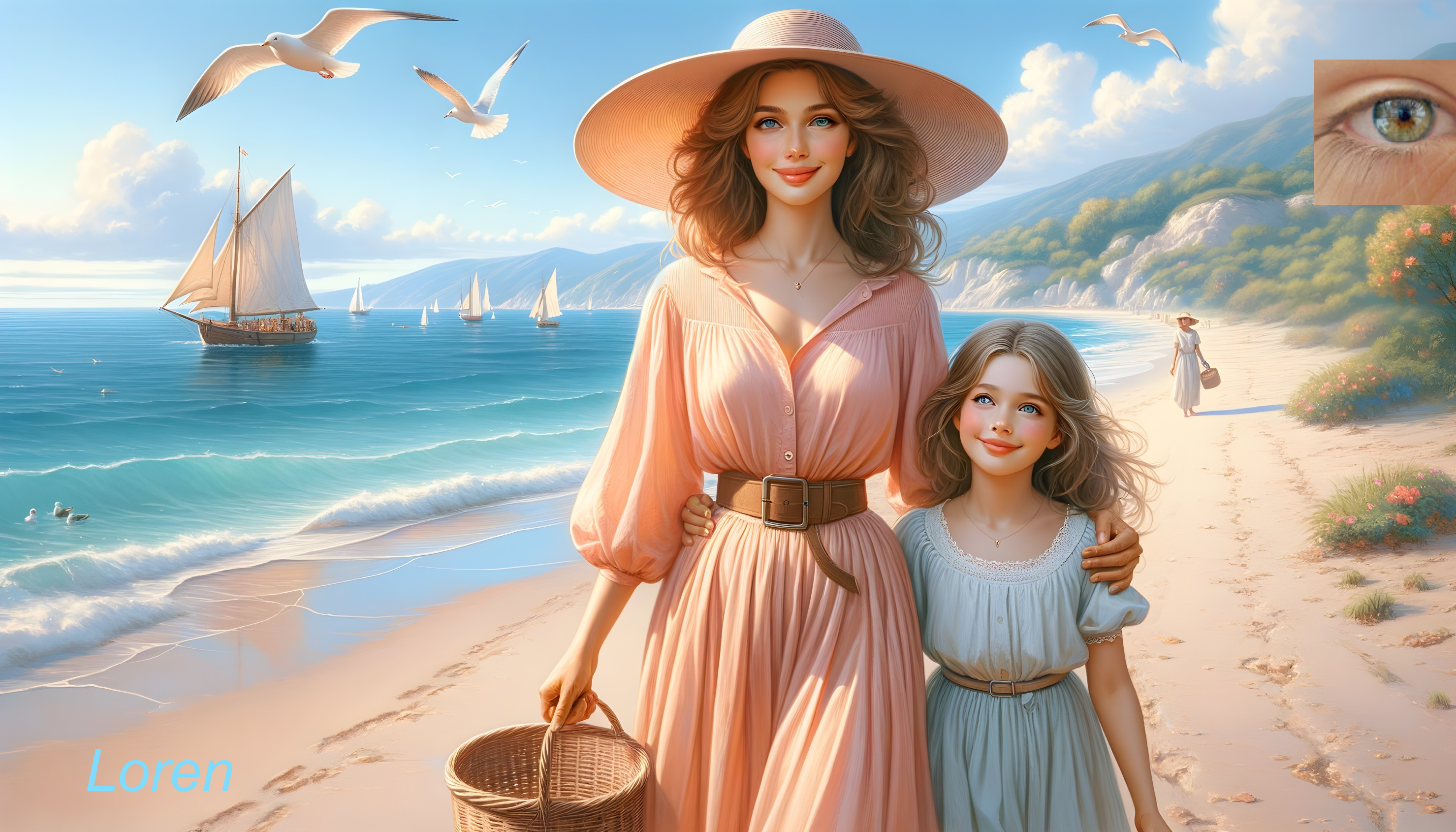 Serene Beach Scene with Woman and Young Girl Walking