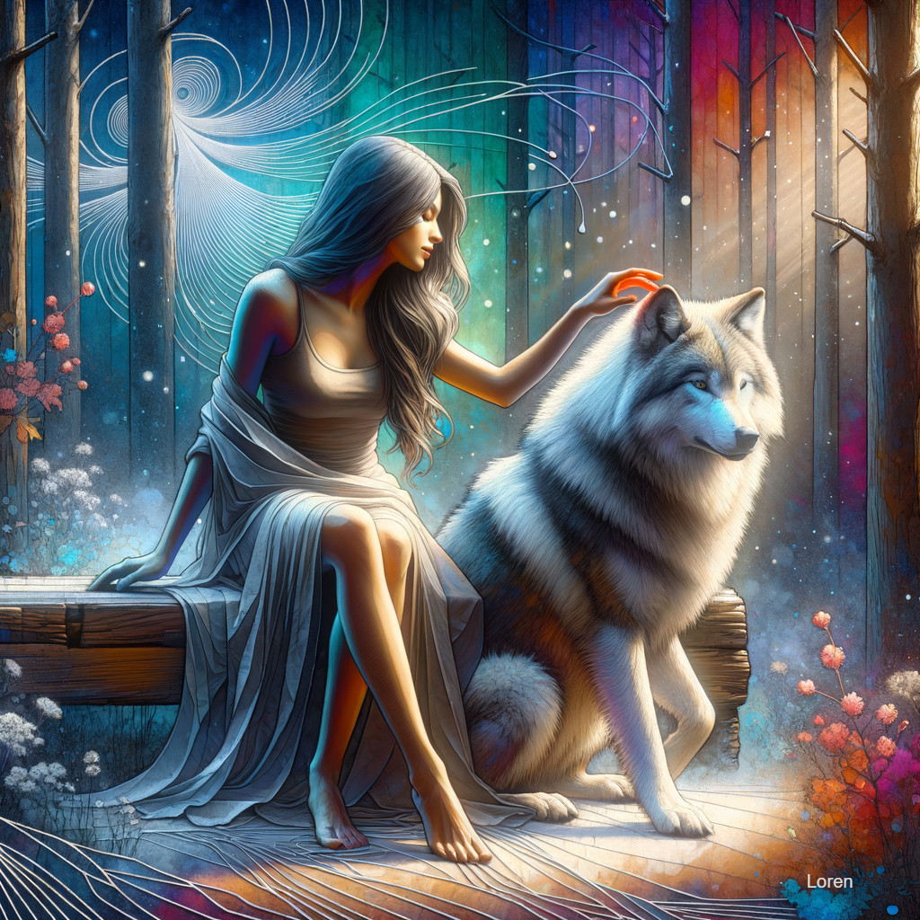 Serene Woman and Wolf in a Mystical Forest Scene