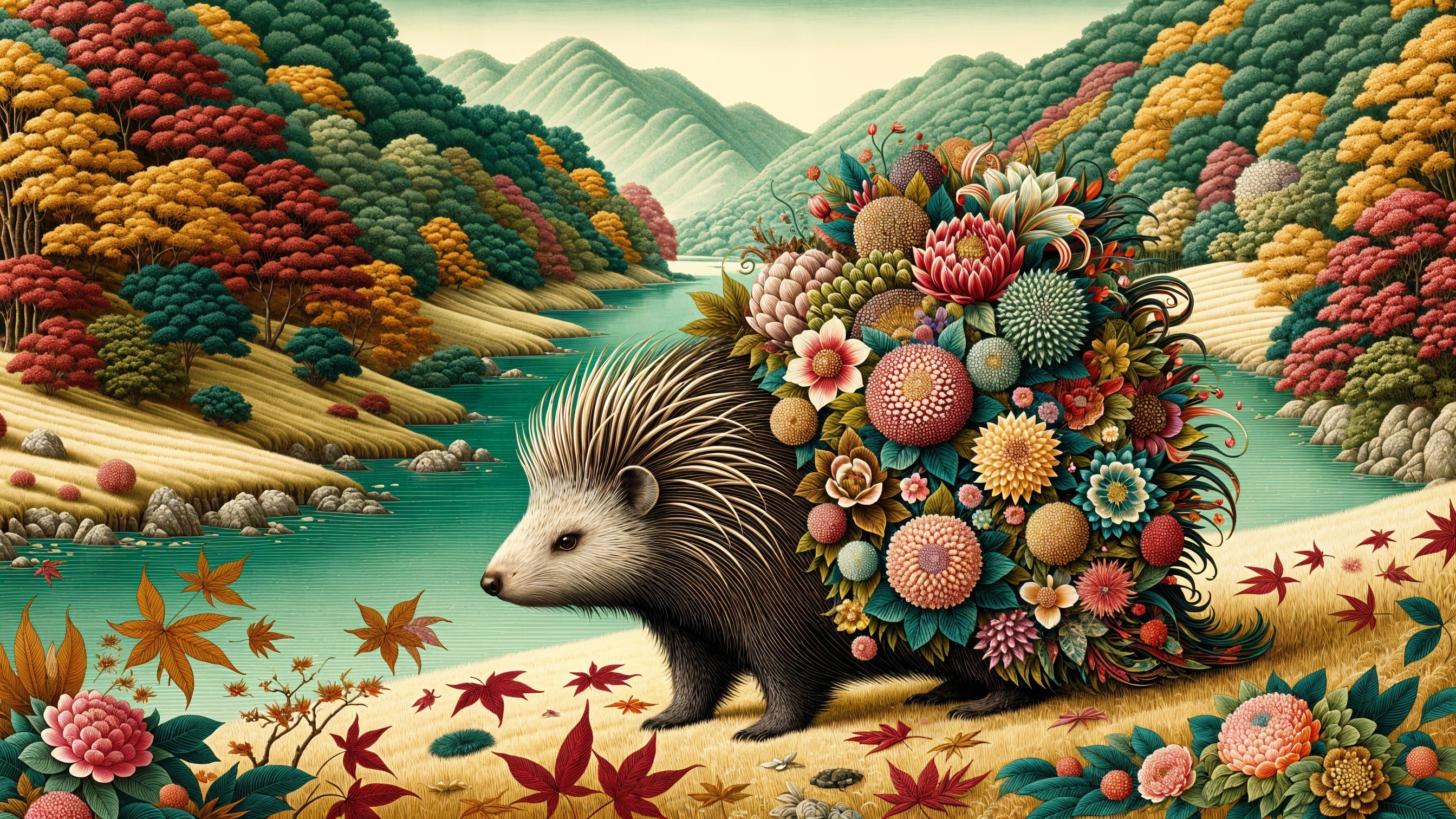 Hedgehog with Flower Bouquet in Autumn Landscape