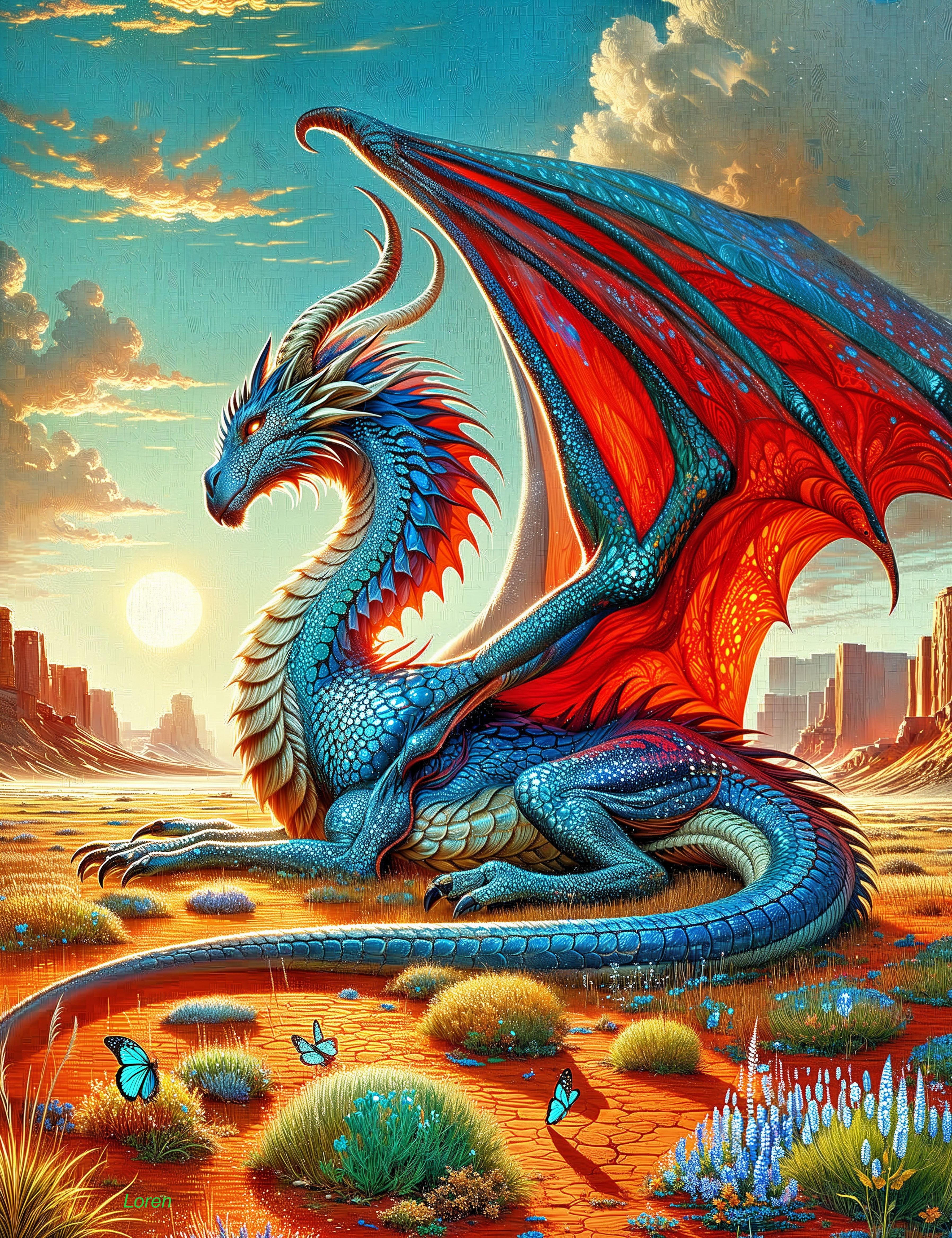 Majestic dragon in vibrant desert landscape with flowers