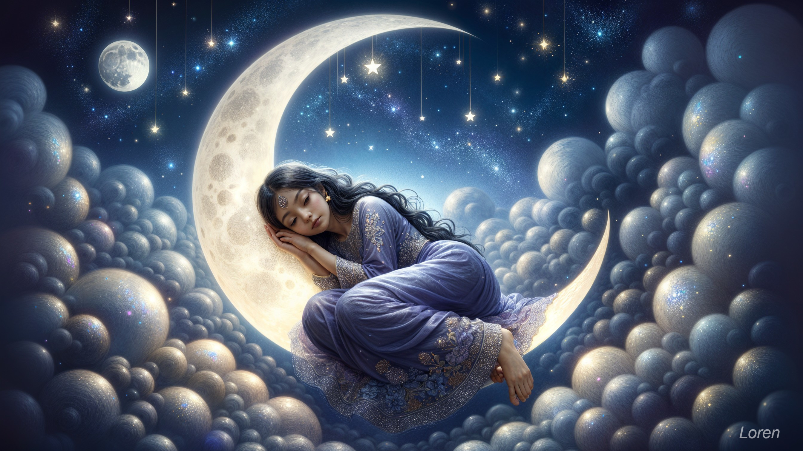 Young Woman on Crescent Moon in Starry Night Sky