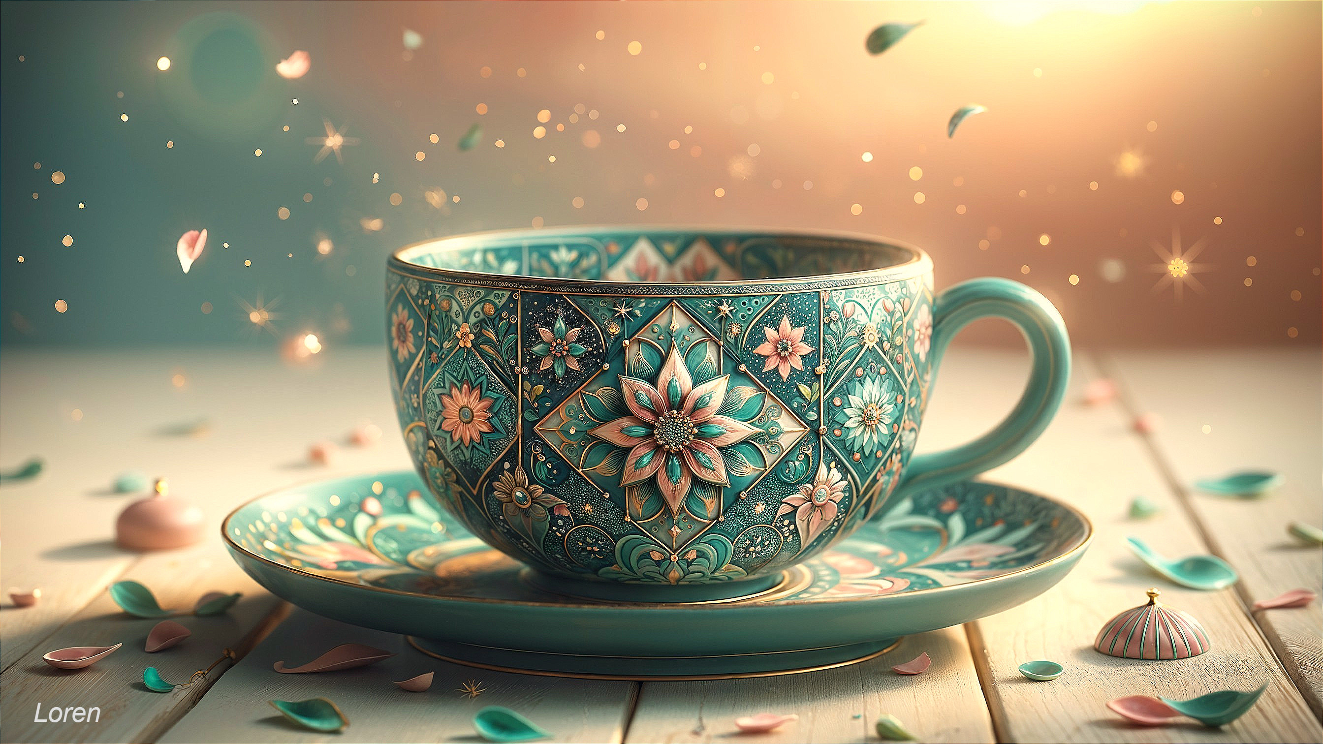 Turquoise Tea Cup and Saucer with Floral Patterns