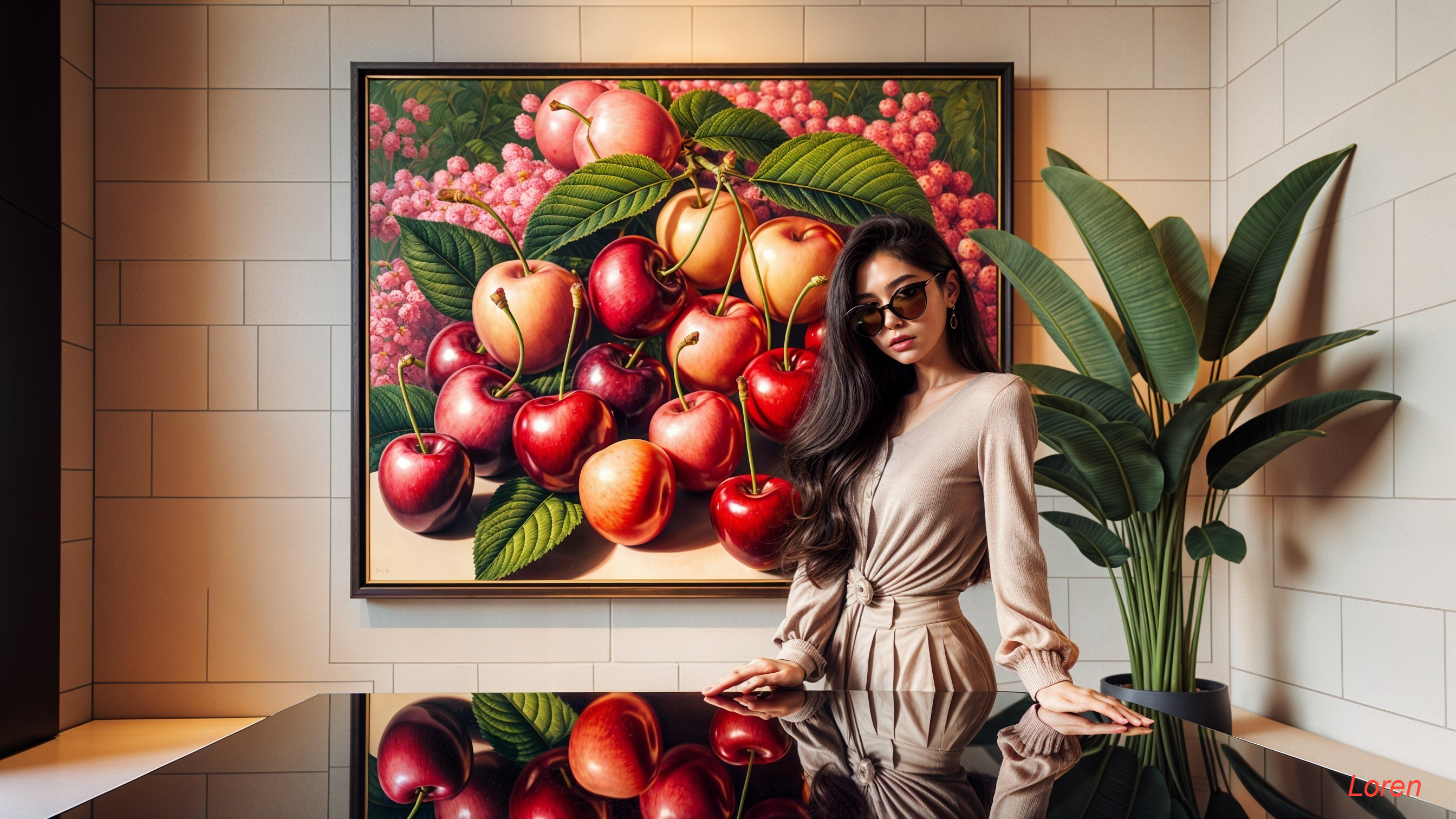 Stylish Woman Posing with Vibrant Fruit Painting
