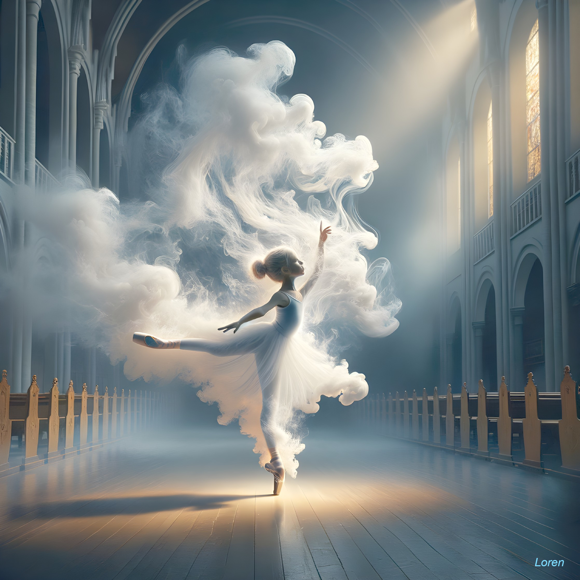 Ballerina in Sunlit Hall with Ethereal Smoke