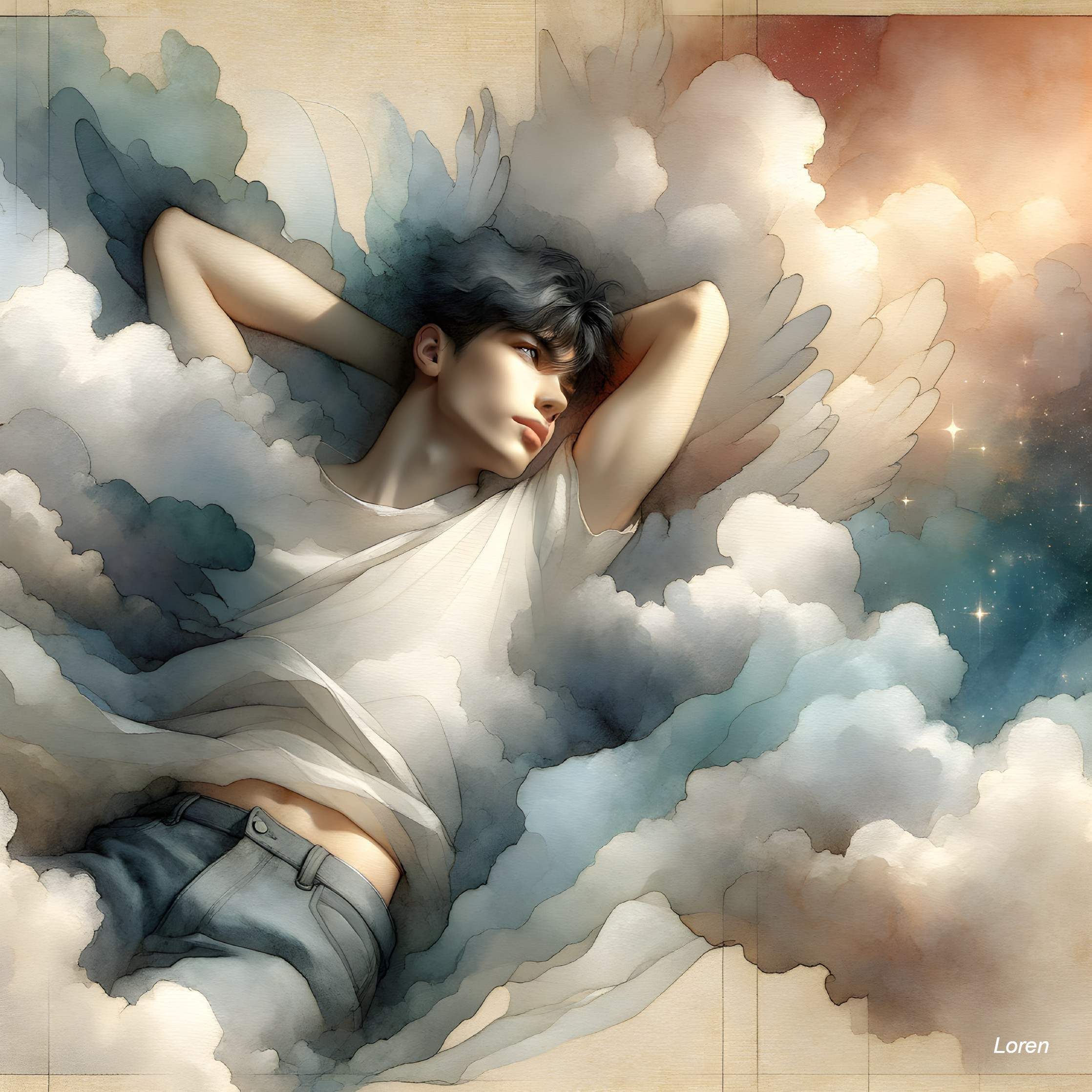 Serene Figure in Dreamlike Clouds and Pastel Hues