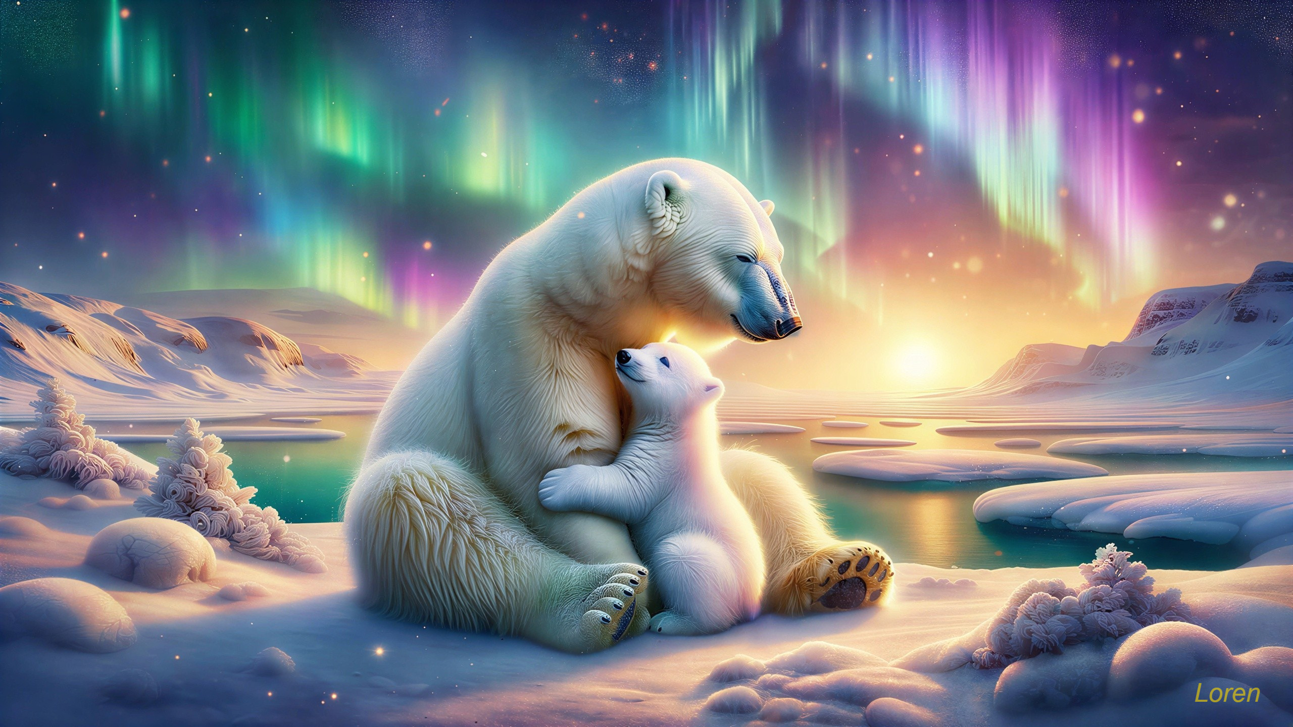 Twilight Arctic Scene with Polar Bears on Snowy Shoreline