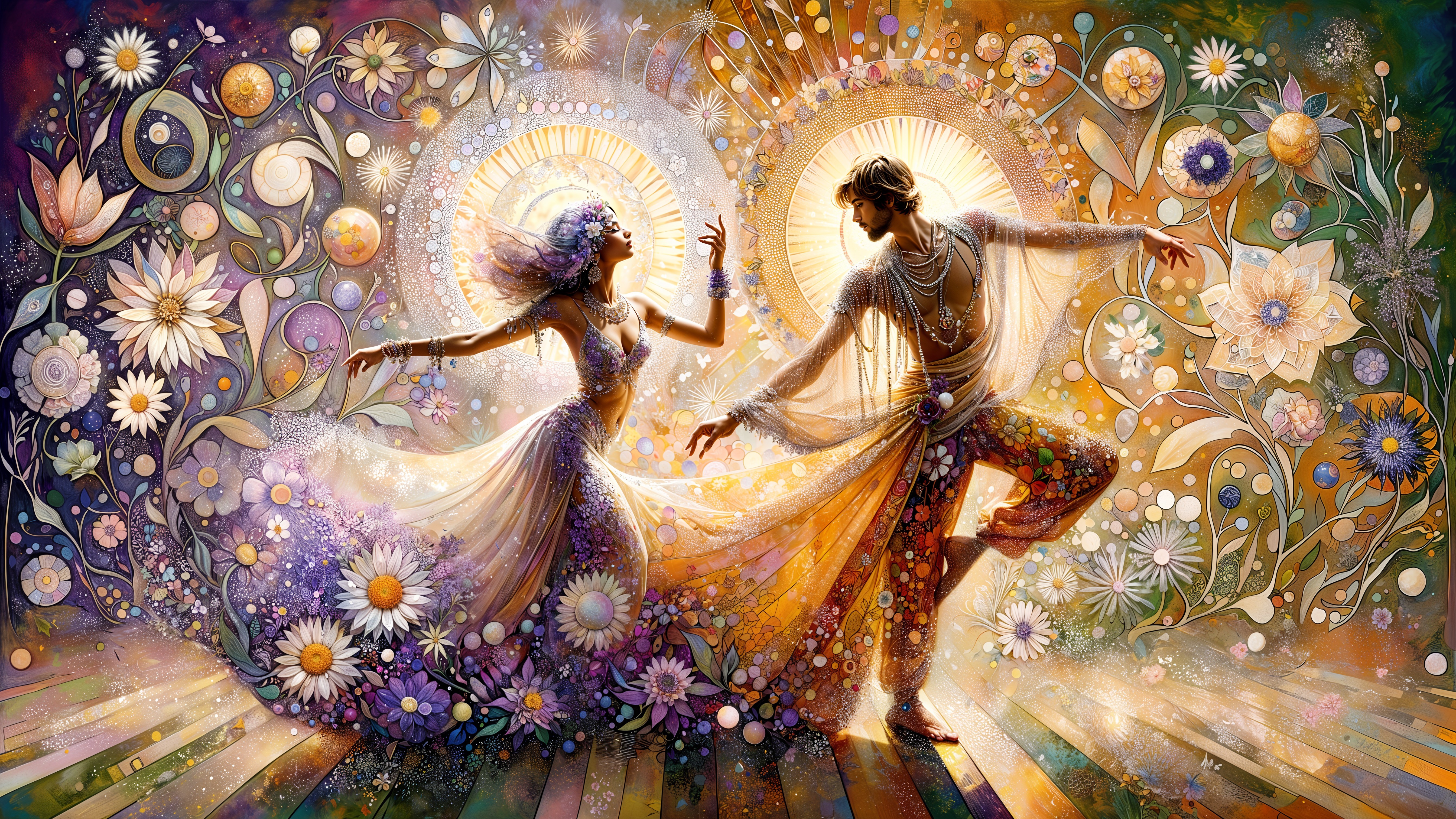 Couple Dancing in a Dreamlike Floral and Celestial Scene