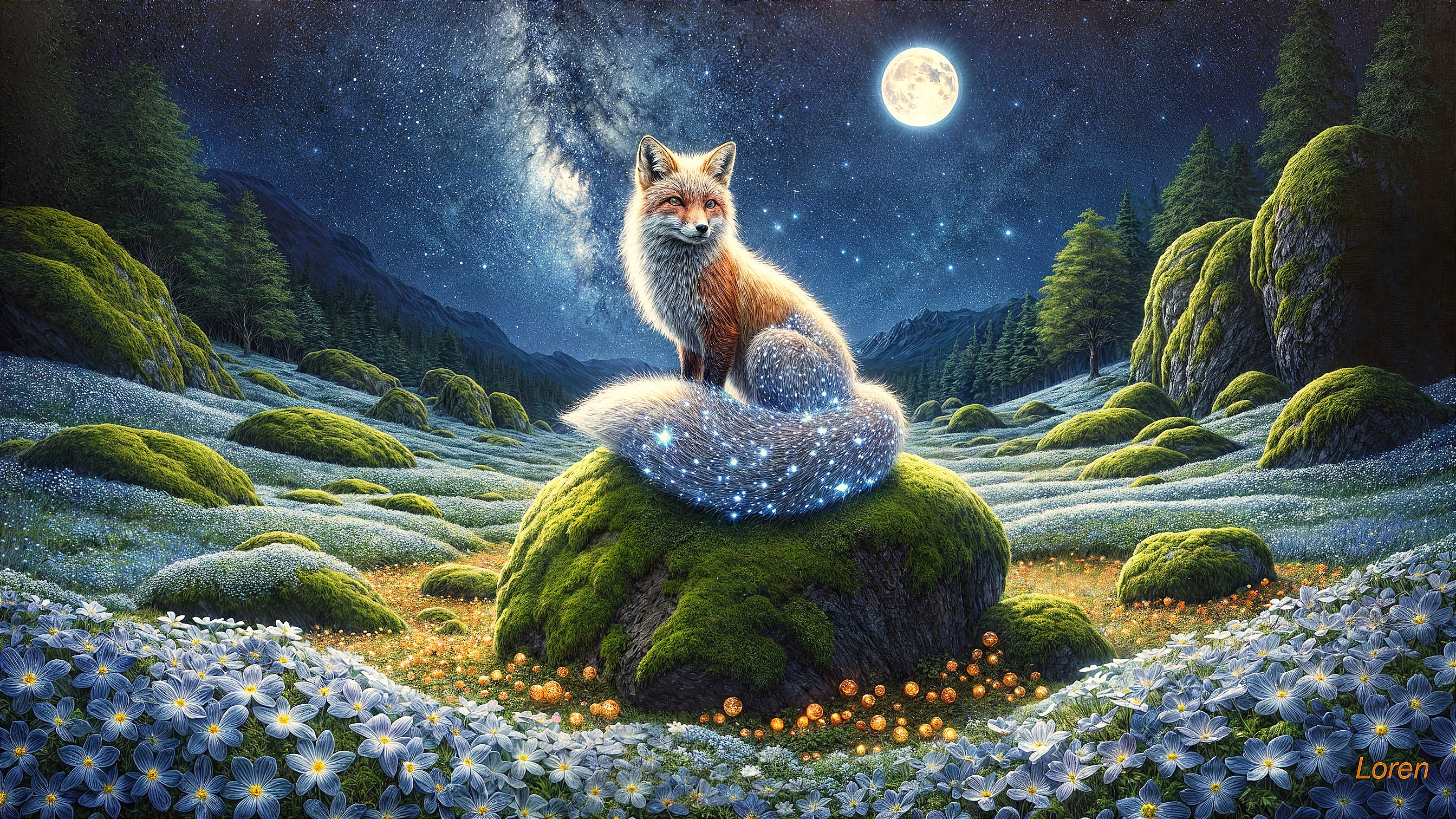 Luminous fox on a mossy rock in moonlit landscape