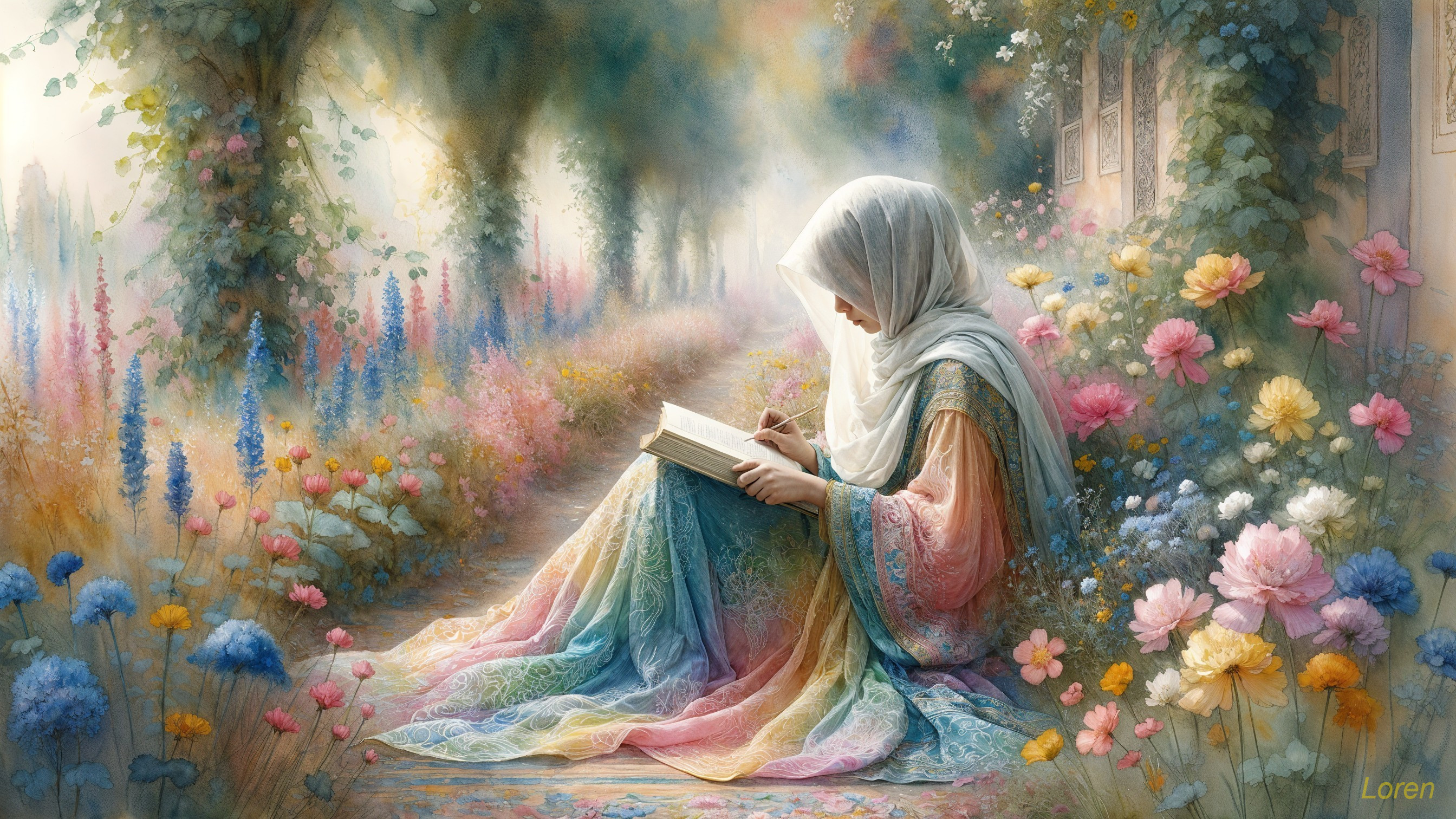 Young Woman in Colorful Attire in Dreamy Garden