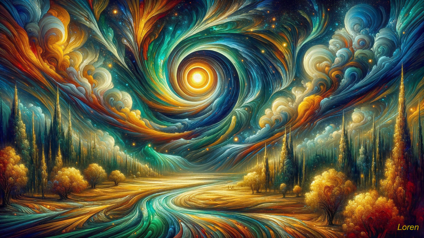 Vibrant Swirled Landscape with Radiant Sun and River