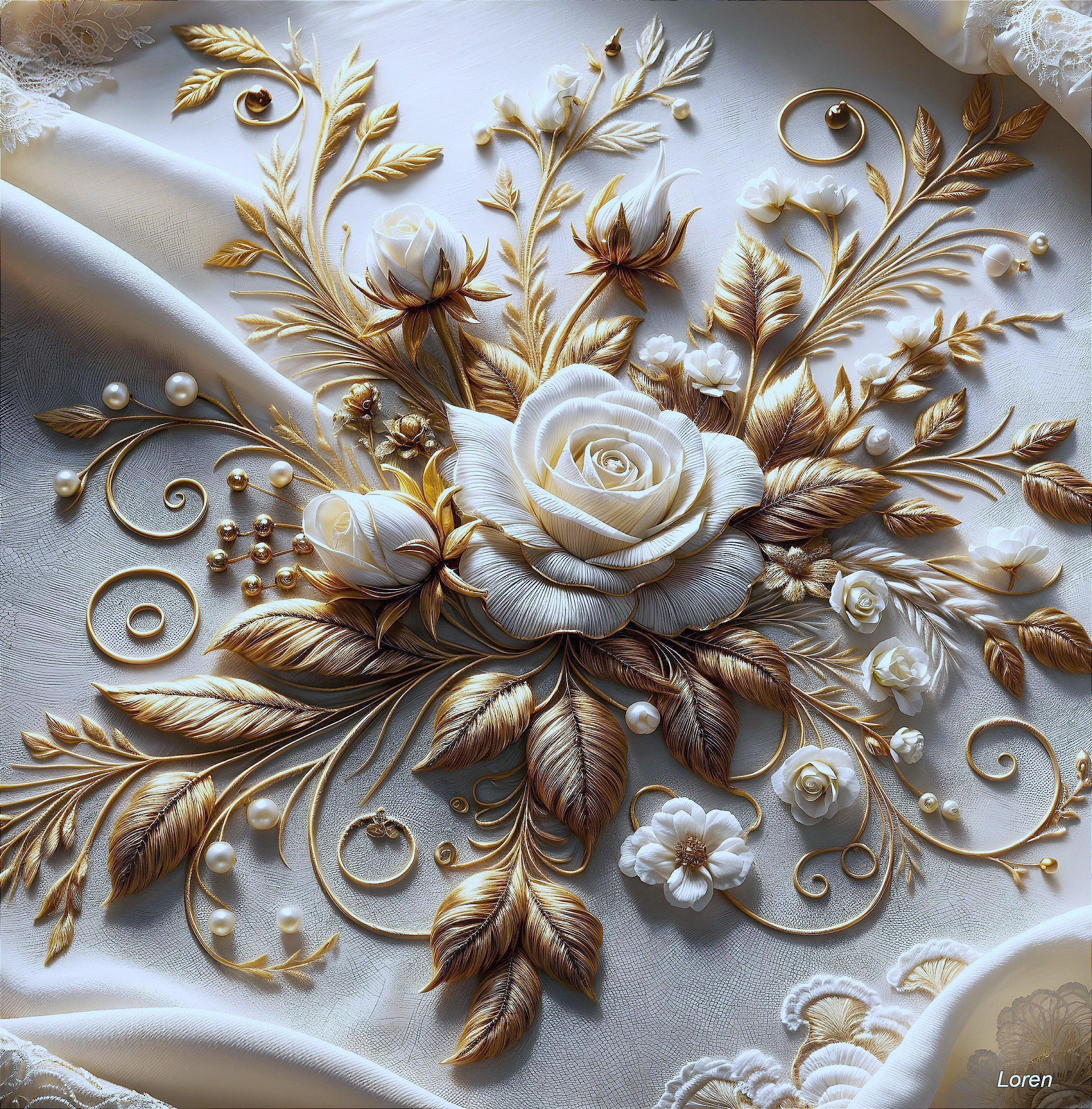 Intricate Floral Arrangement with White Rose and Buds