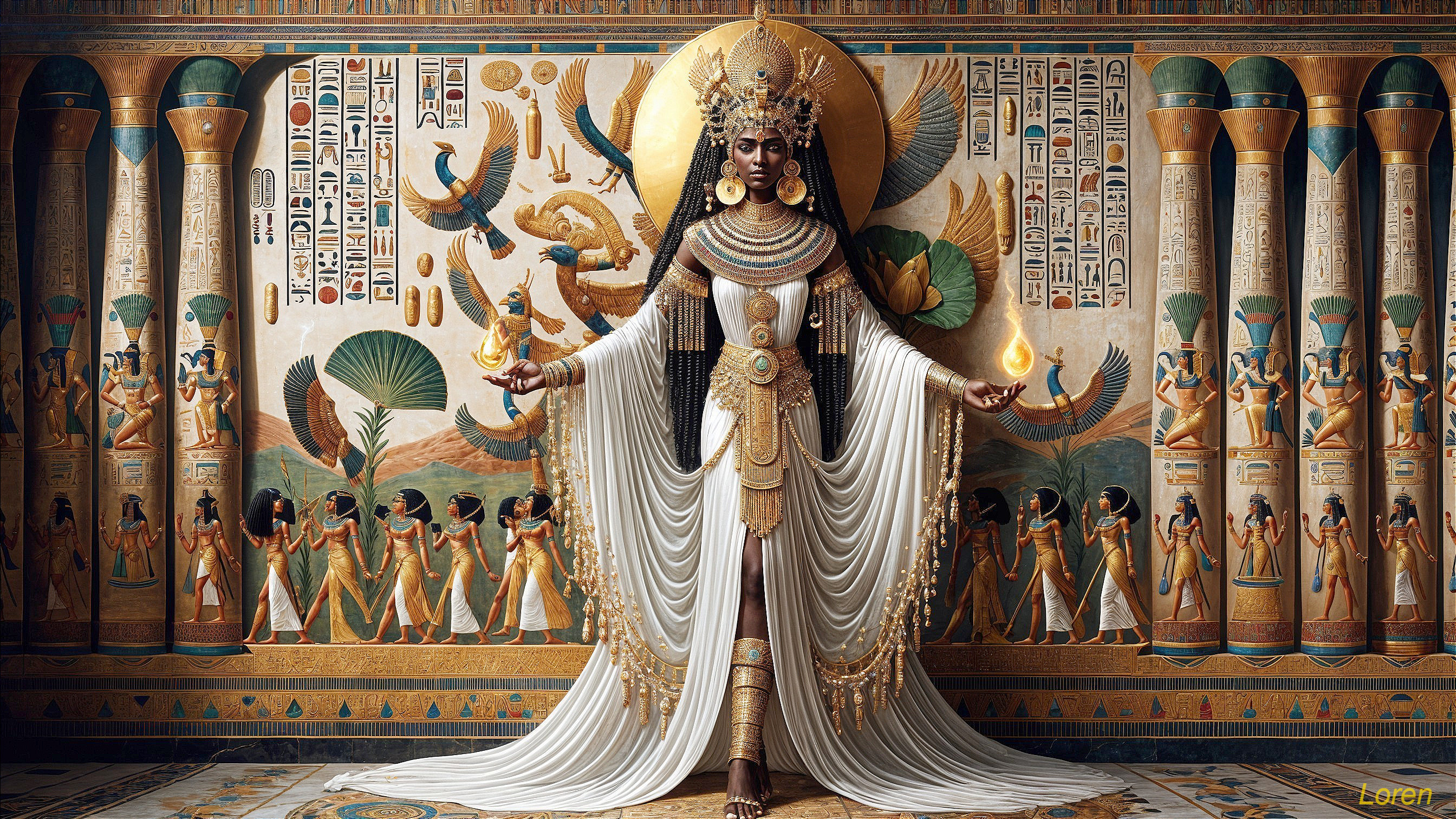 Regal Figure in White Robes Before Hieroglyphic Wall