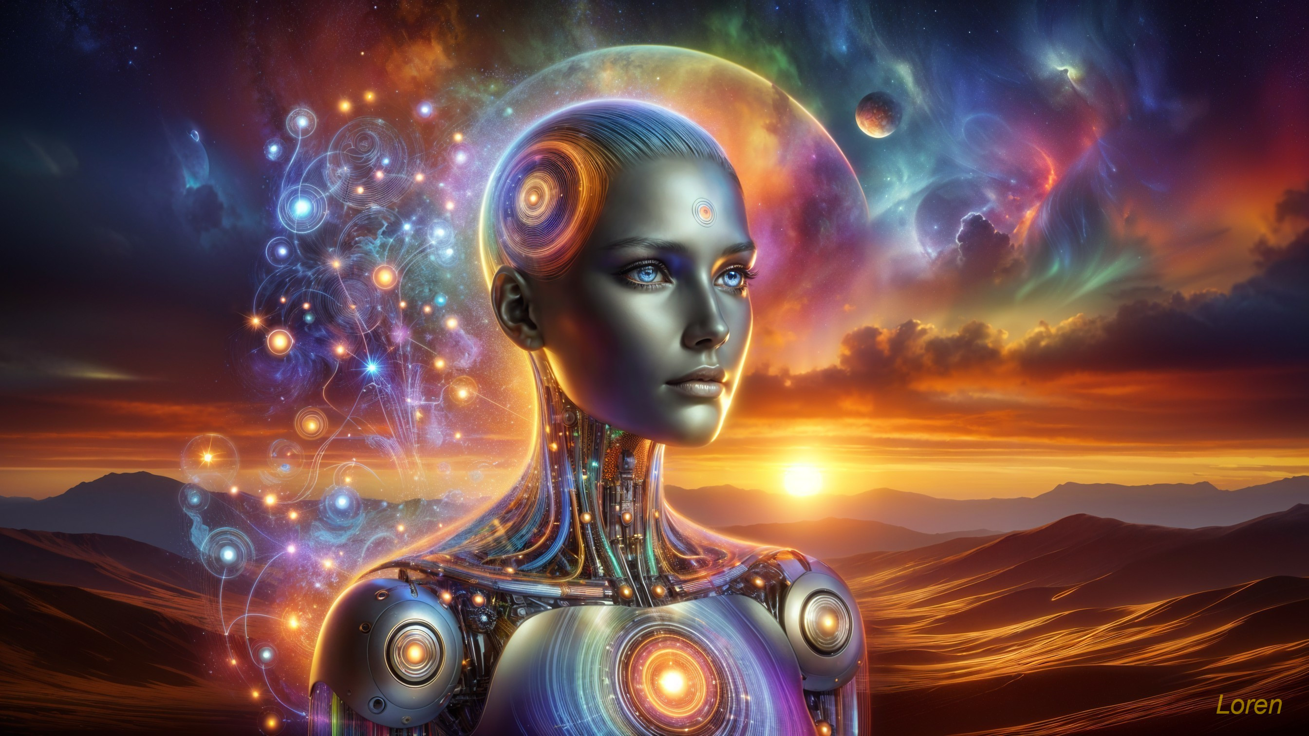 Futuristic Humanoid Figure in Cosmic Landscape