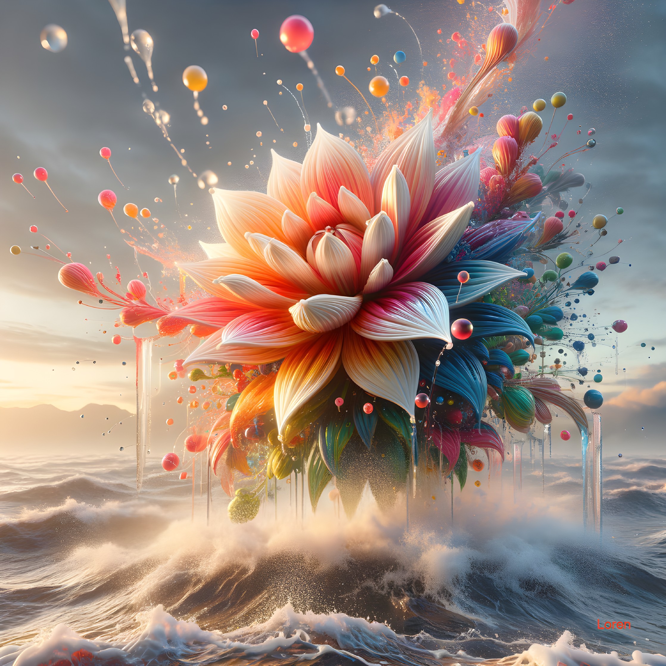 Vibrant Flower Amidst Turbulent Ocean Waves and Sky